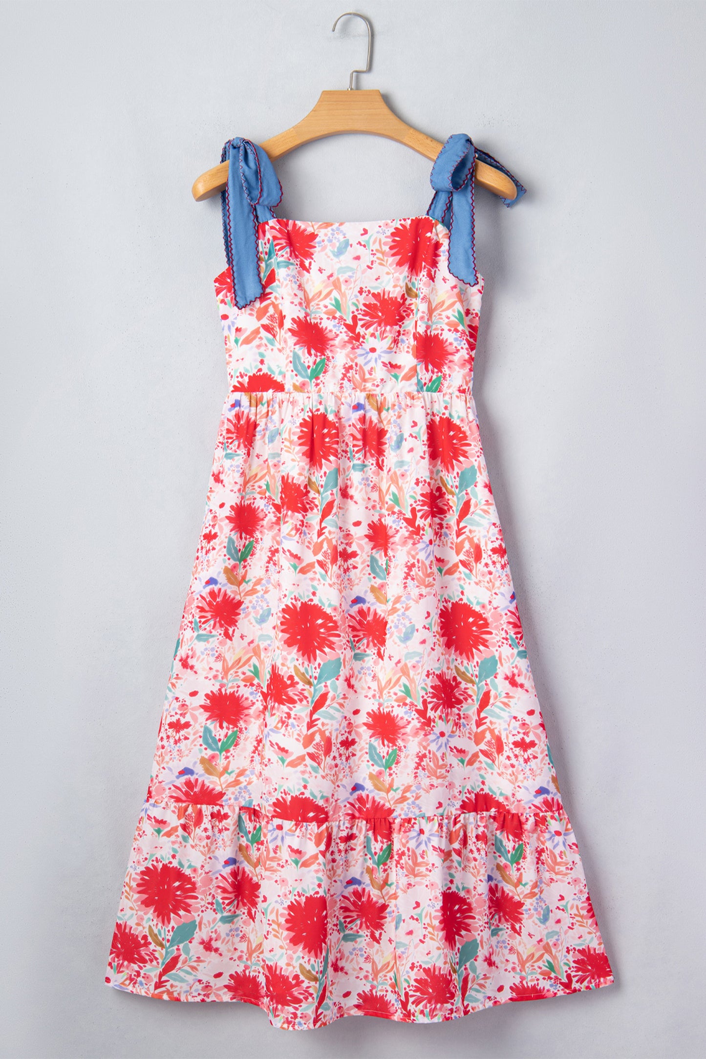 Yellow Floral Print Contrast Stitched Knot Denim Straps High Waist Dress
