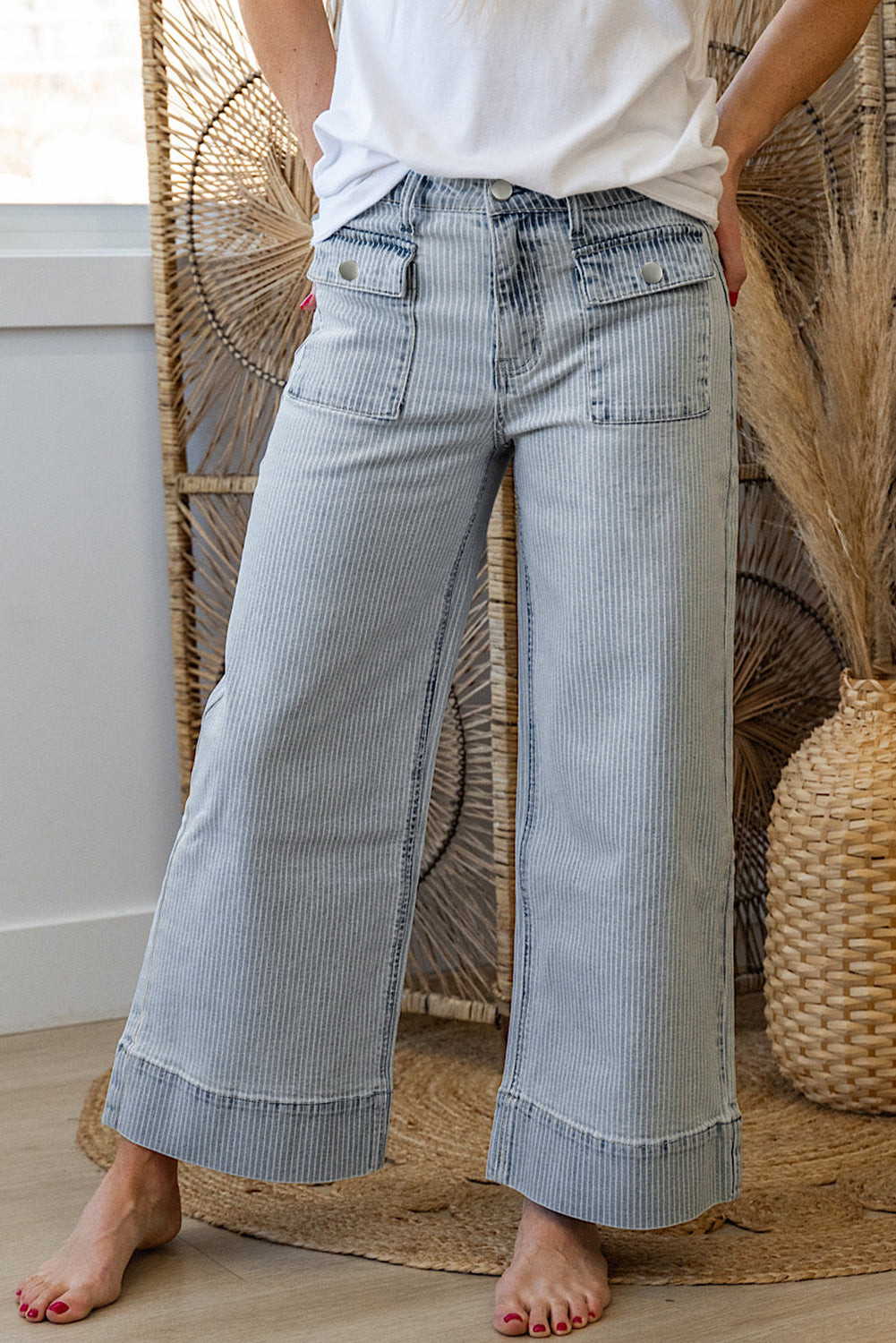  Sky Blue Striped Button Flap Pocket Cuffed Hem Wide Leg Jeans