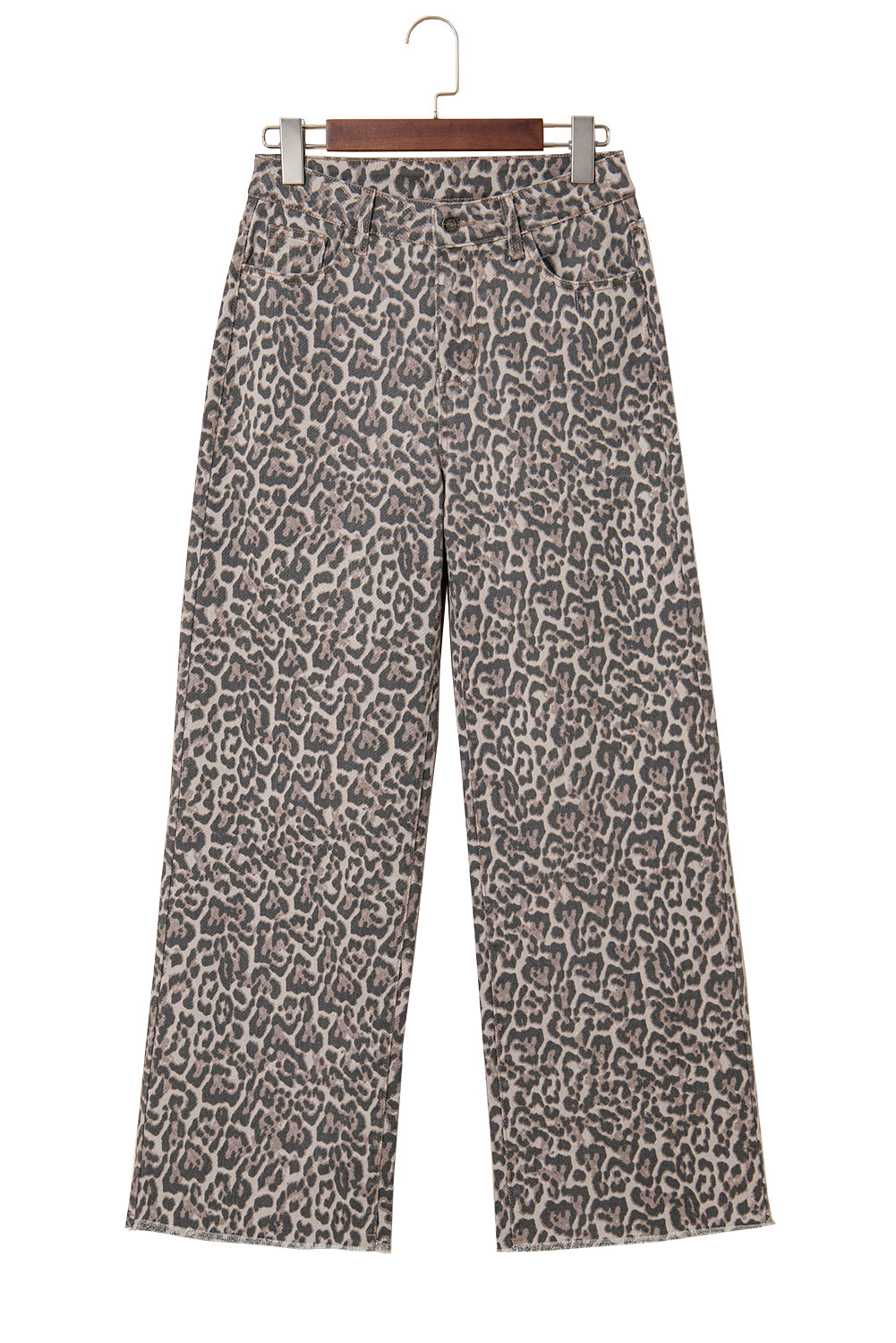 Leopard print pants on a hanger against a white background