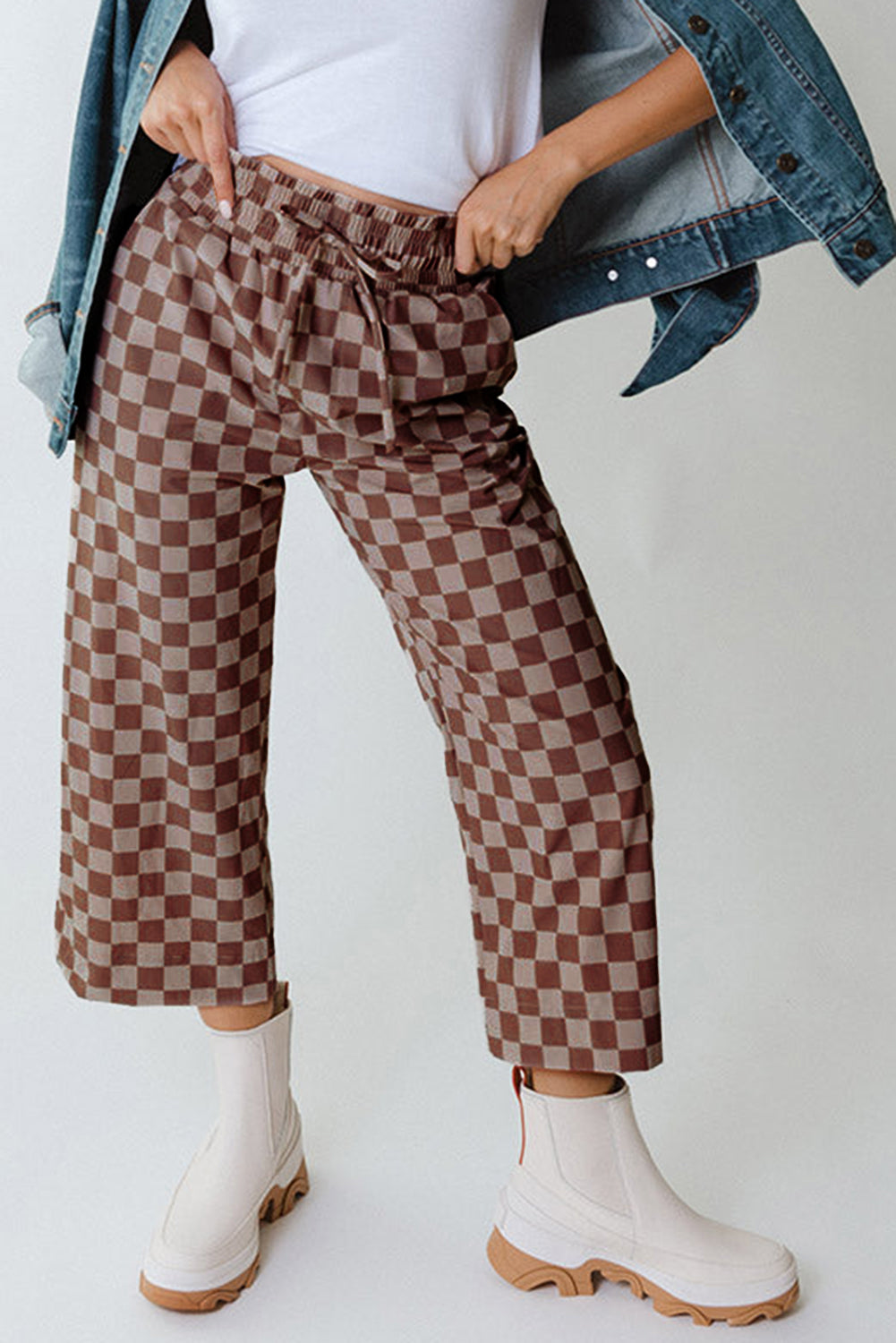 Sky Blue Tie Elastic Waist Checkered Loose Pants