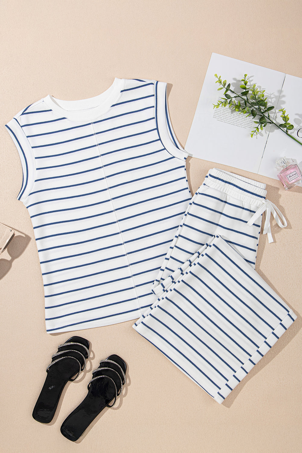 Sail Blue Casual Striped Tee and Wide Leg Pants Set