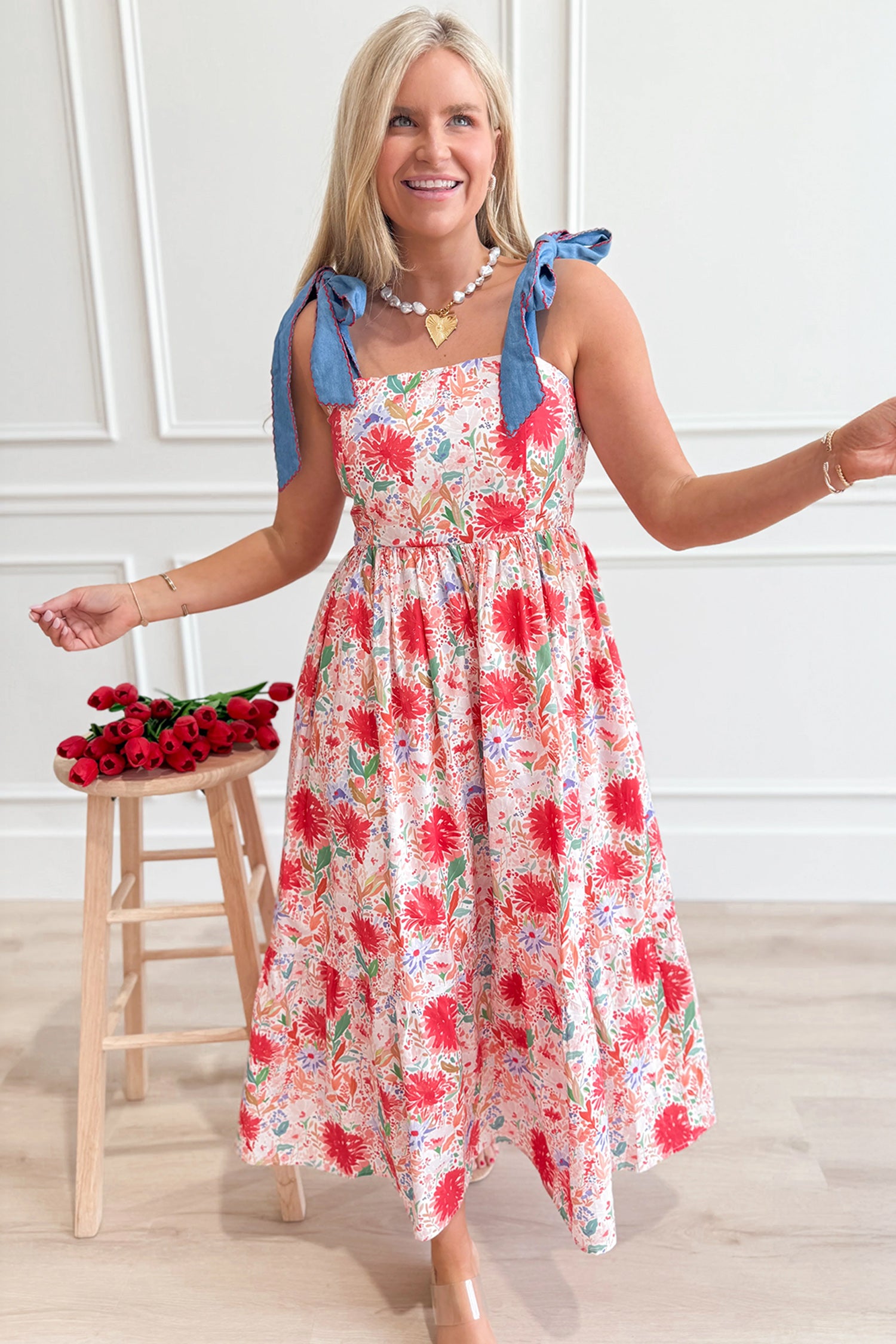 Yellow Floral Print Contrast Stitched Knot Denim Straps High Waist Dress
