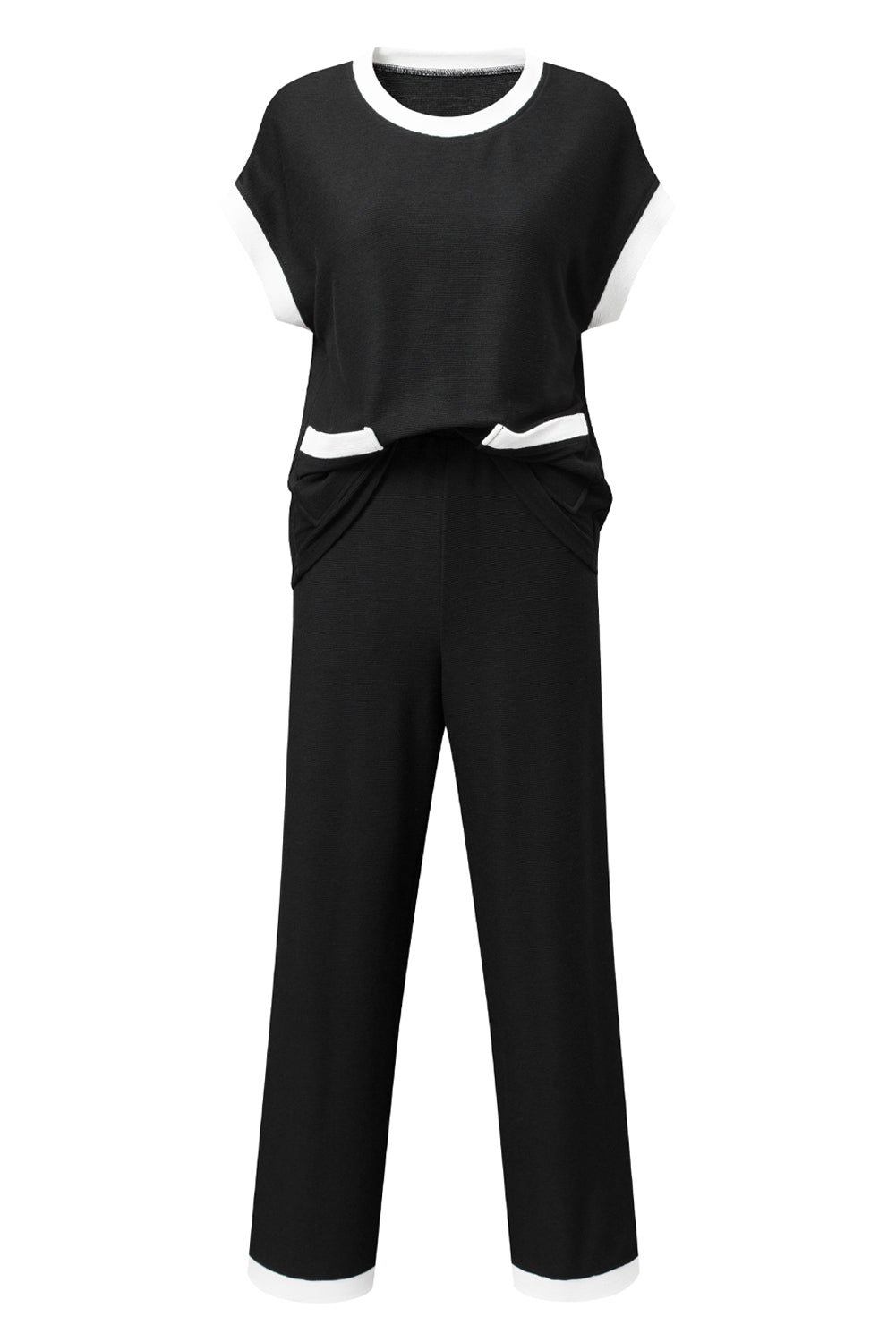 Navy Blue Contrast Trim Pocket T Shirt and Wide Leg Pants Set