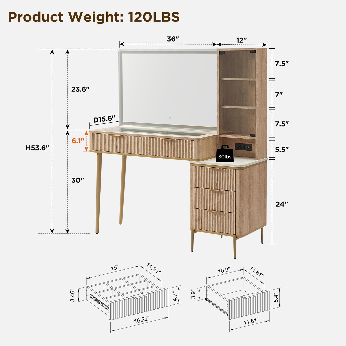 Cosmetic organizer with embedded tempered glass tabletop displaying various items.
