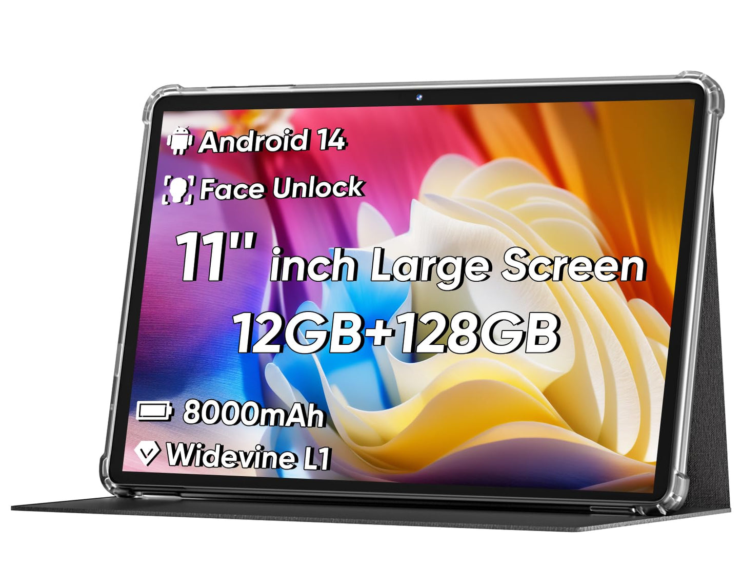 2025 Upgraded Android 14 Tablet, 11inch Tablet PC,Support Face Unlock, Octa-core CPU,12GB+128GB+1TB Expand, 8000mAh Big Battery, 18W Fast Charging, WiFi6, BT5.0,Touchscreen Display Tableta with Case