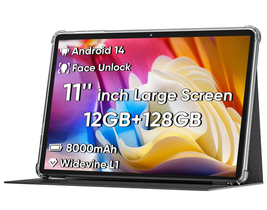 2025 Upgraded Android 14 Tablet, 11inch Tablet PC,Support Face Unlock, Octa-core CPU,12GB+128GB+1TB Expand, 8000mAh Big Battery, 18W Fast Charging, WiFi6, BT5.0,Touchscreen Display Tableta with Case