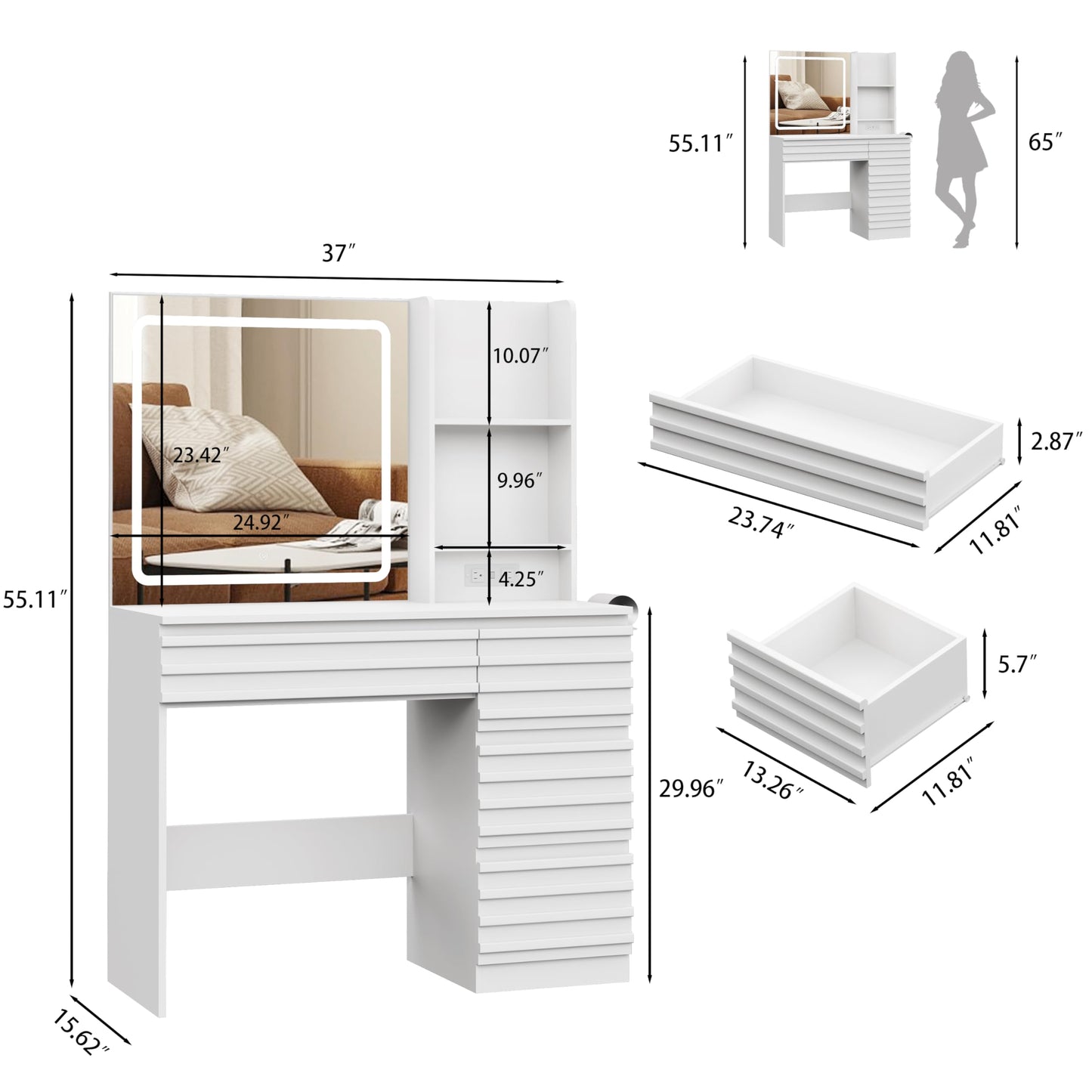 White vanity table with mirror and dimensions displayed