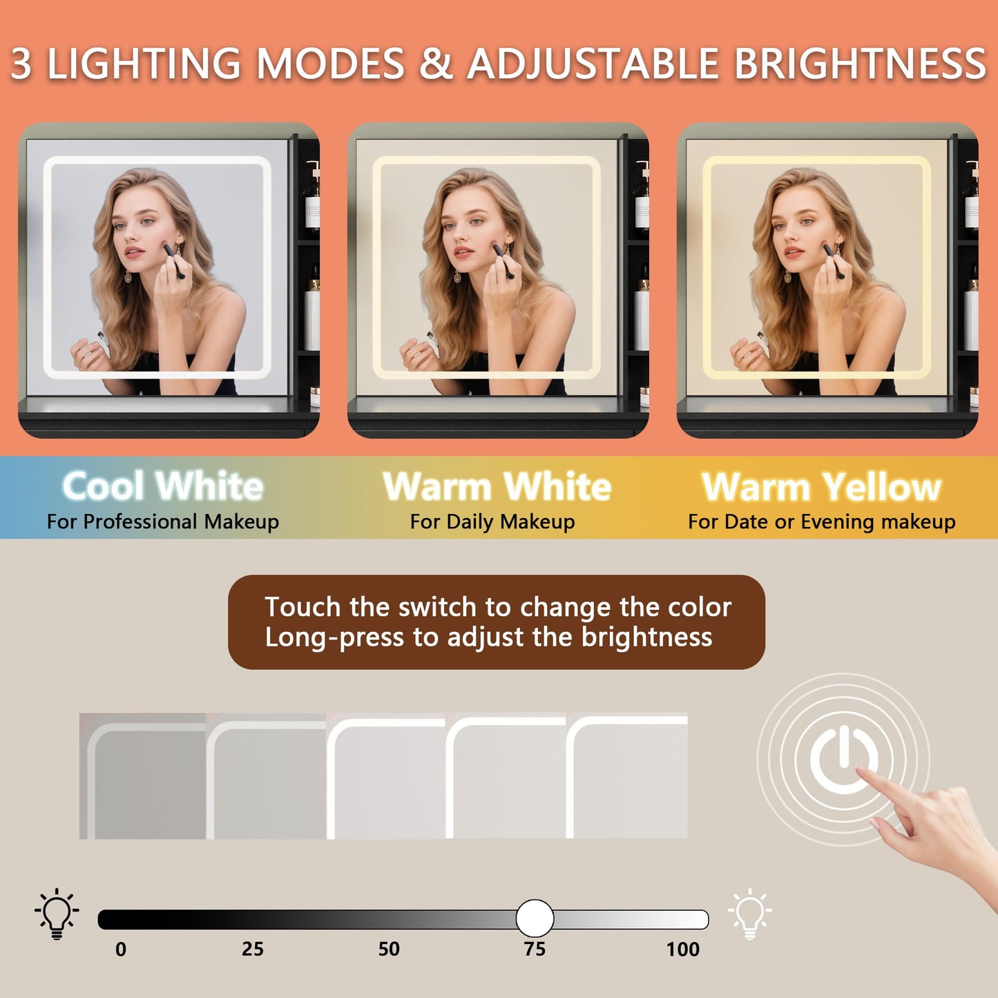 Makeup mirror with three lighting modes and adjustable brightness on an orange background