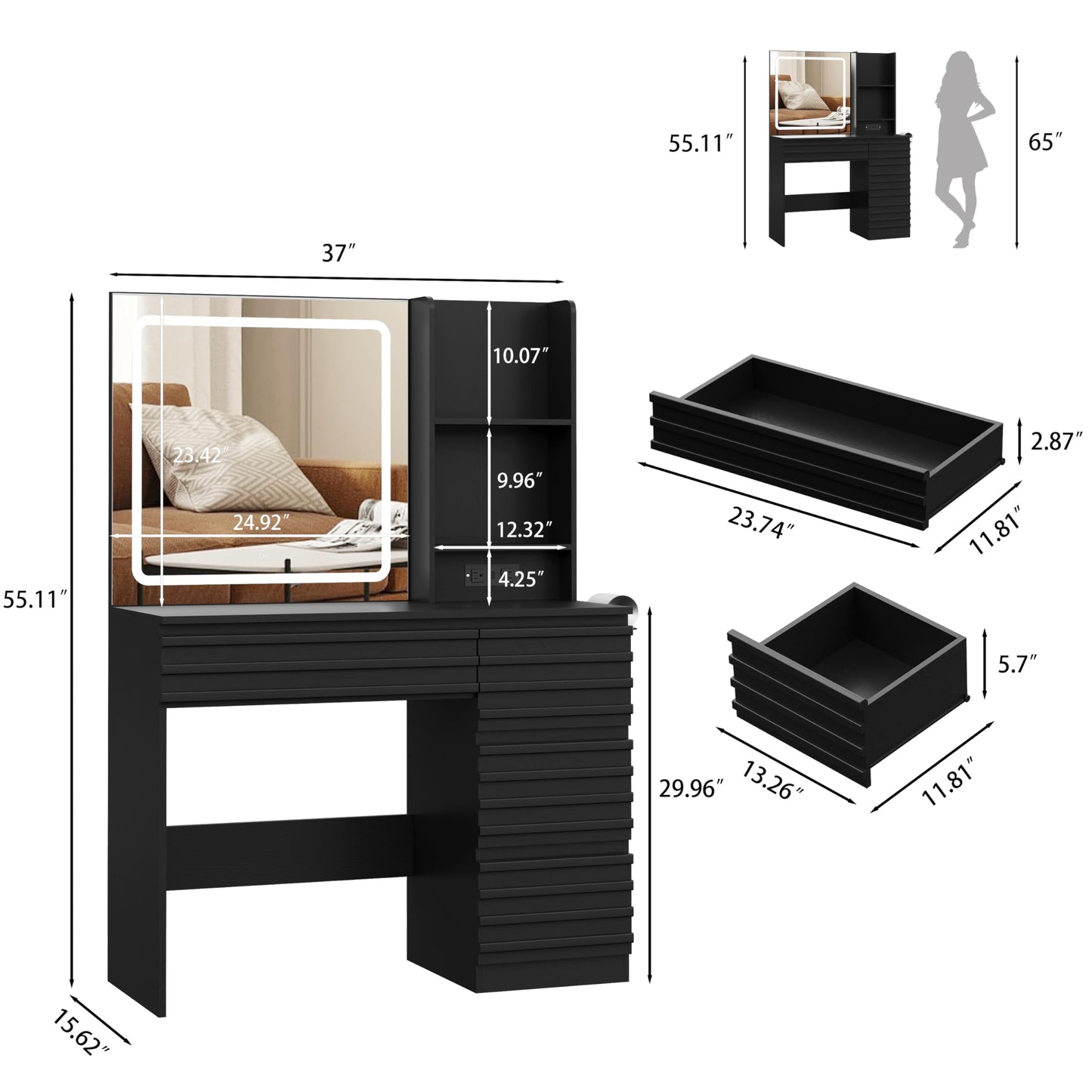 Black vanity table with mirror and dimensions displayed
