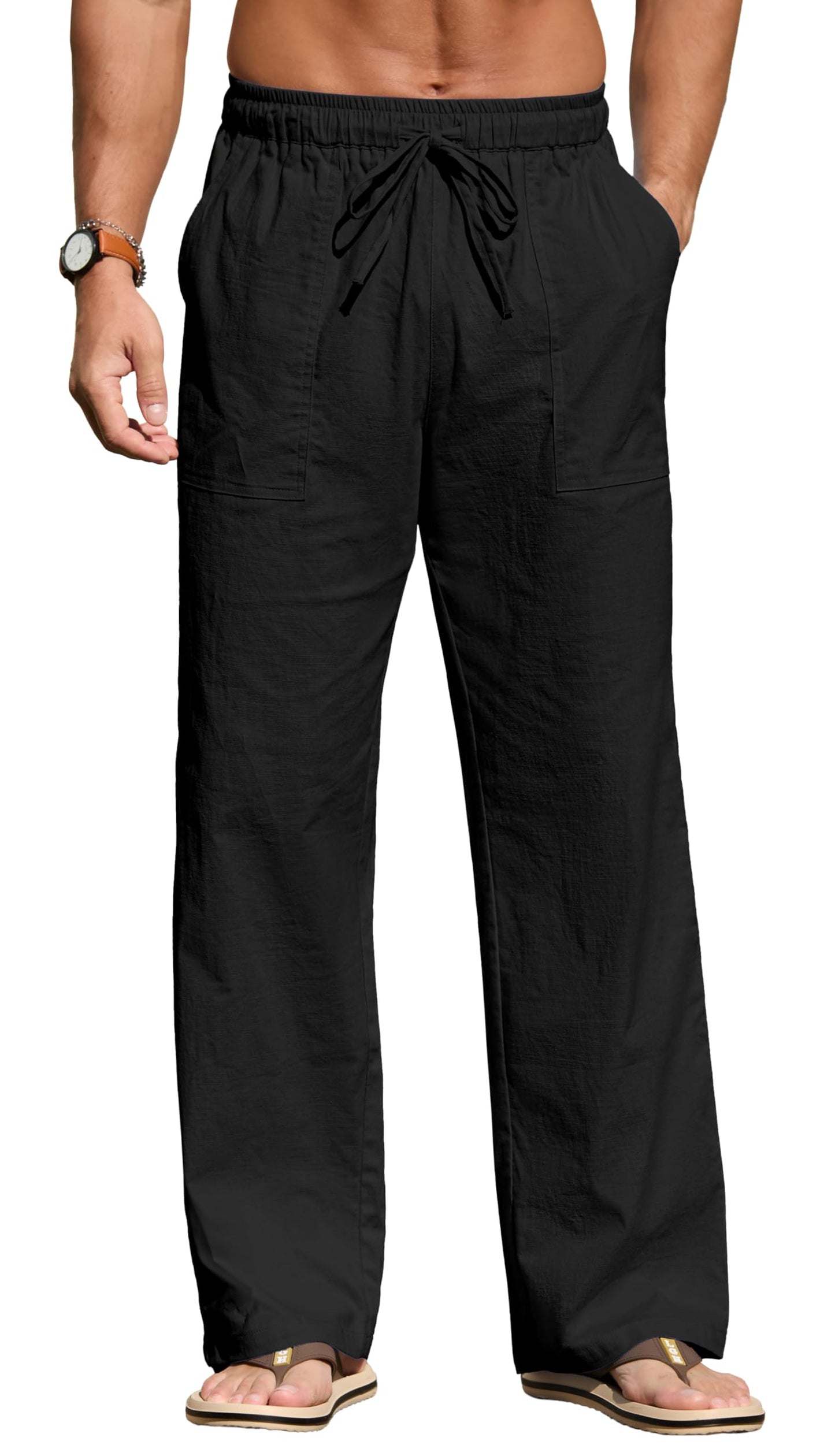 Sailwind Men's Casual Linen Pants Beach Summer Elastic Waist Drawstring Pants Lightweight Linen Trousers White