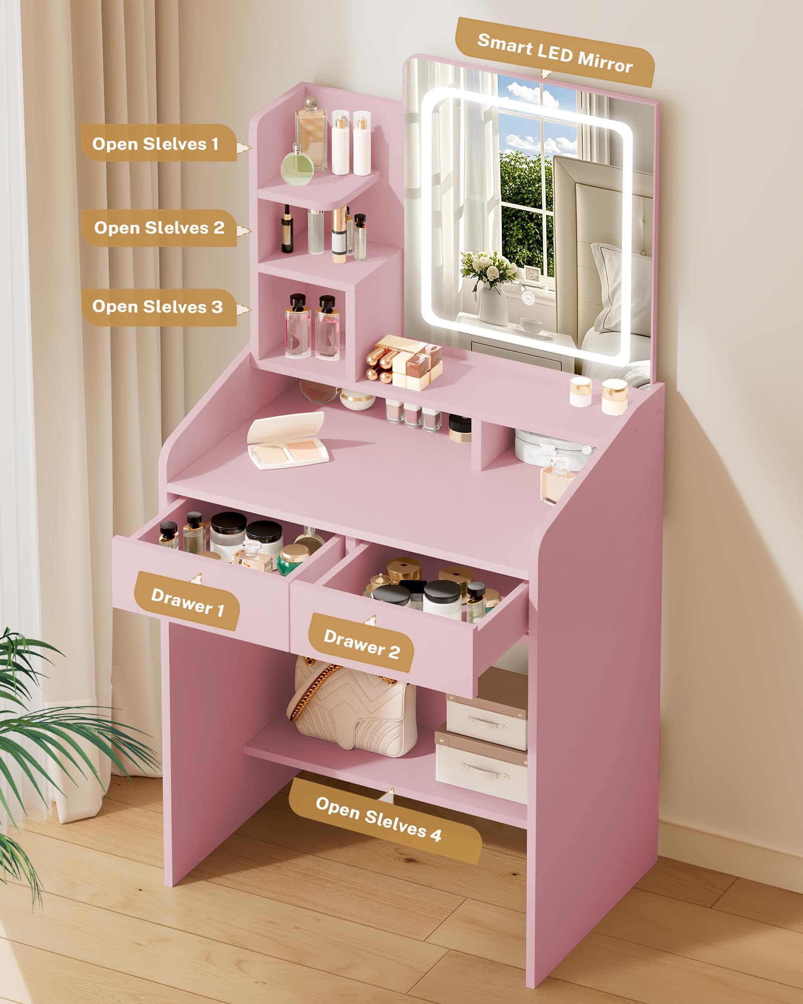 Pink vanity with mirror, shelves, and drawers on a wooden floor.