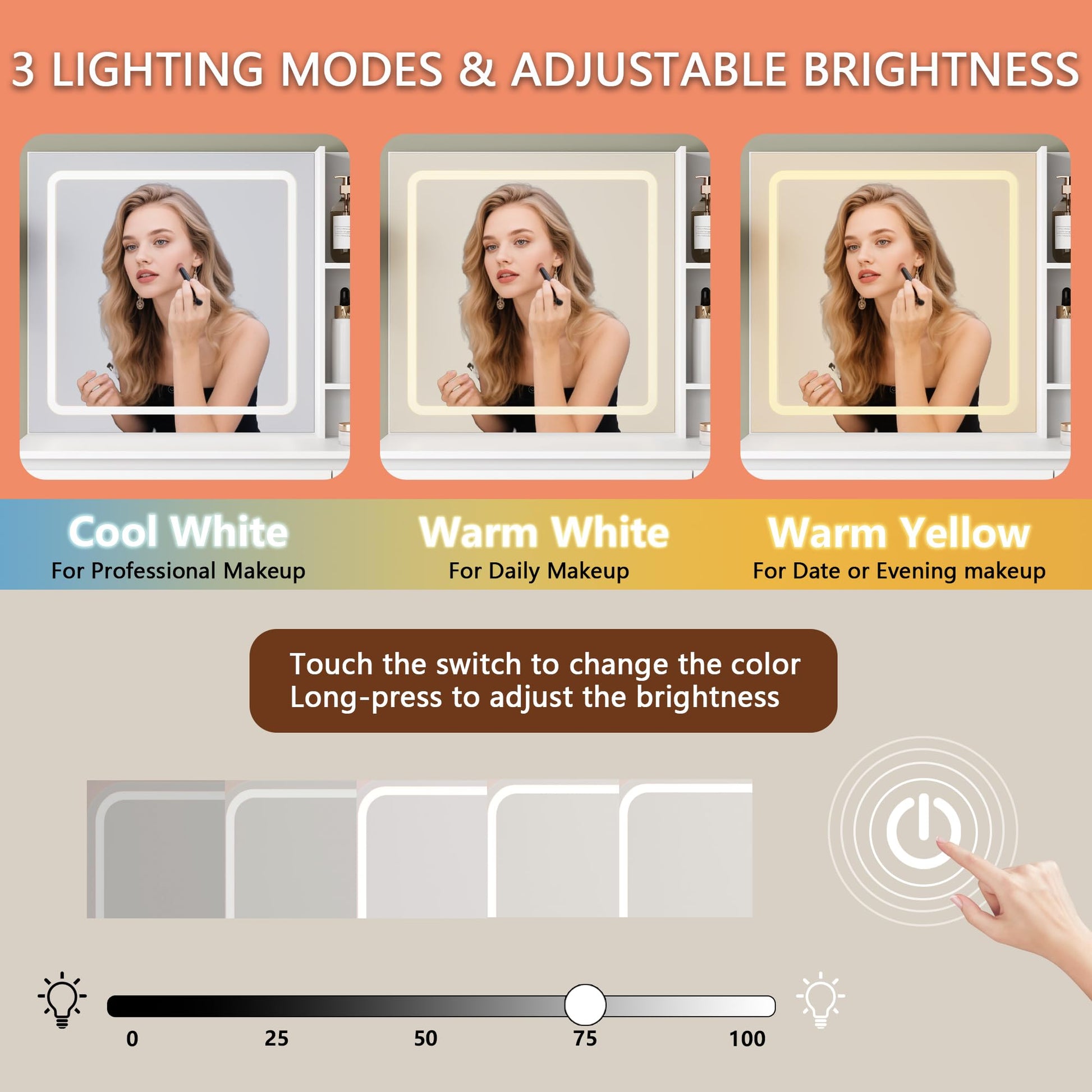 Display of three lighting modes with a woman applying makeup, labeled 'Cool White', 'Warm White', and 'Warm Yellow'.