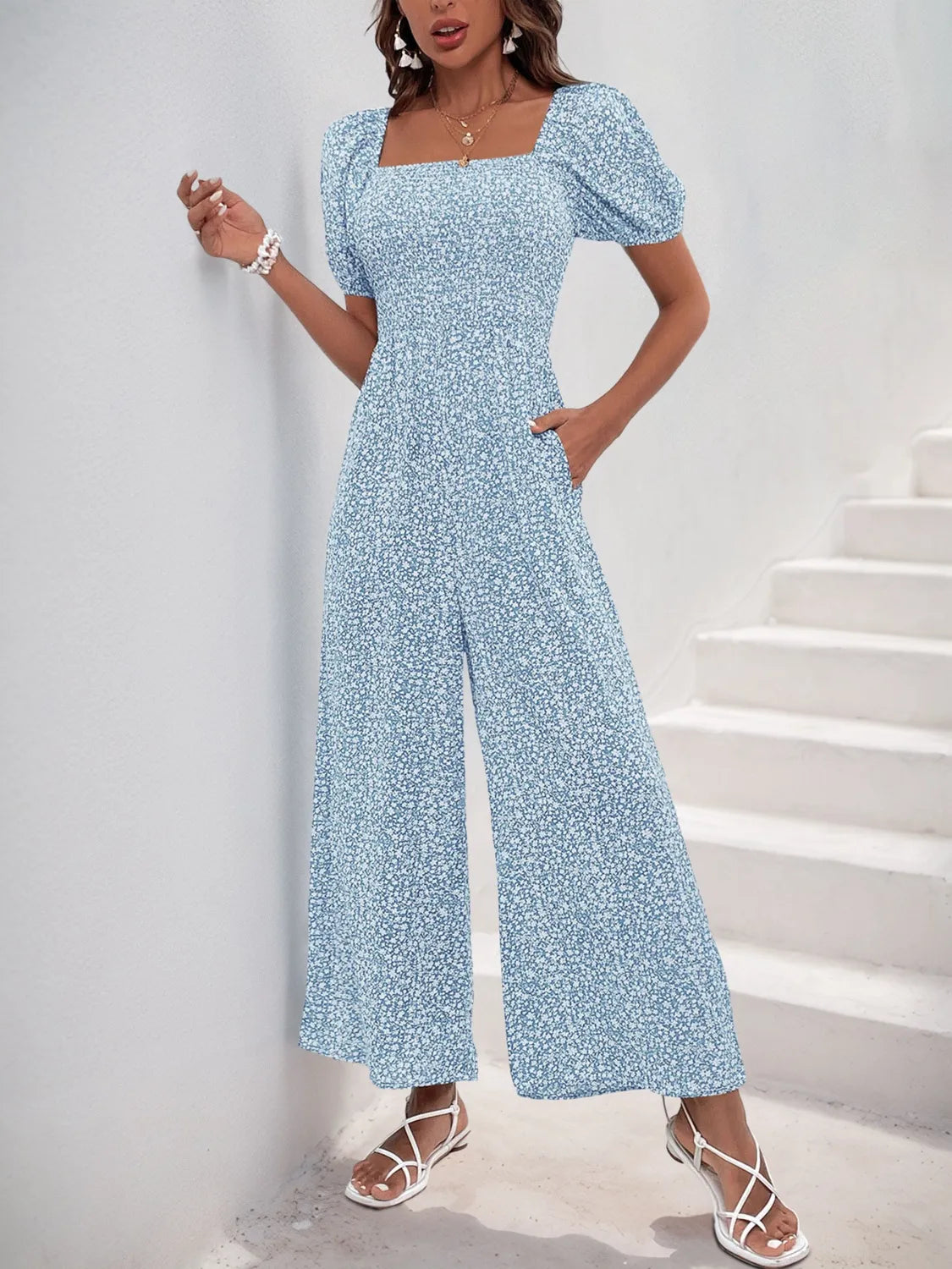 Printed Square Neck Puff Sleeve Jumpsuit