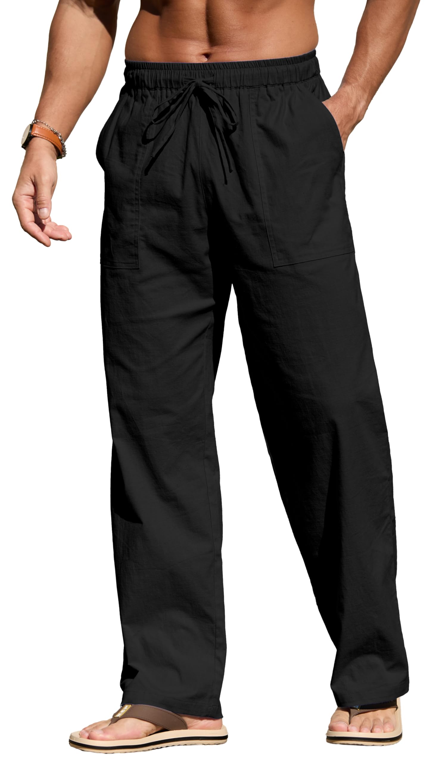 Sailwind Men's Casual Linen Pants Beach Summer Elastic Waist Drawstring Pants Lightweight Linen Trousers White