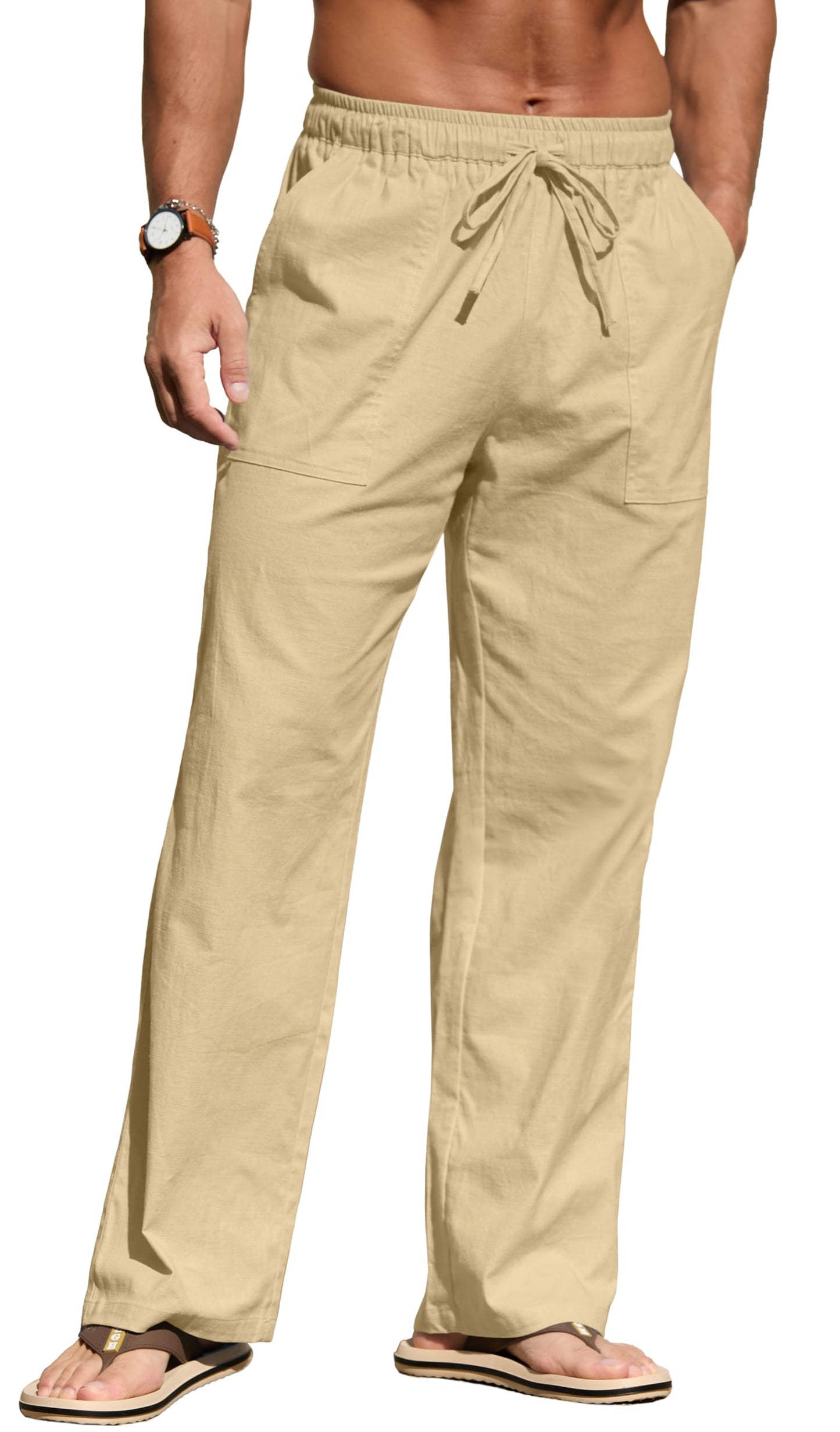 Sailwind Men's Casual Linen Pants Beach Summer Elastic Waist Drawstring Pants Lightweight Linen Trousers White