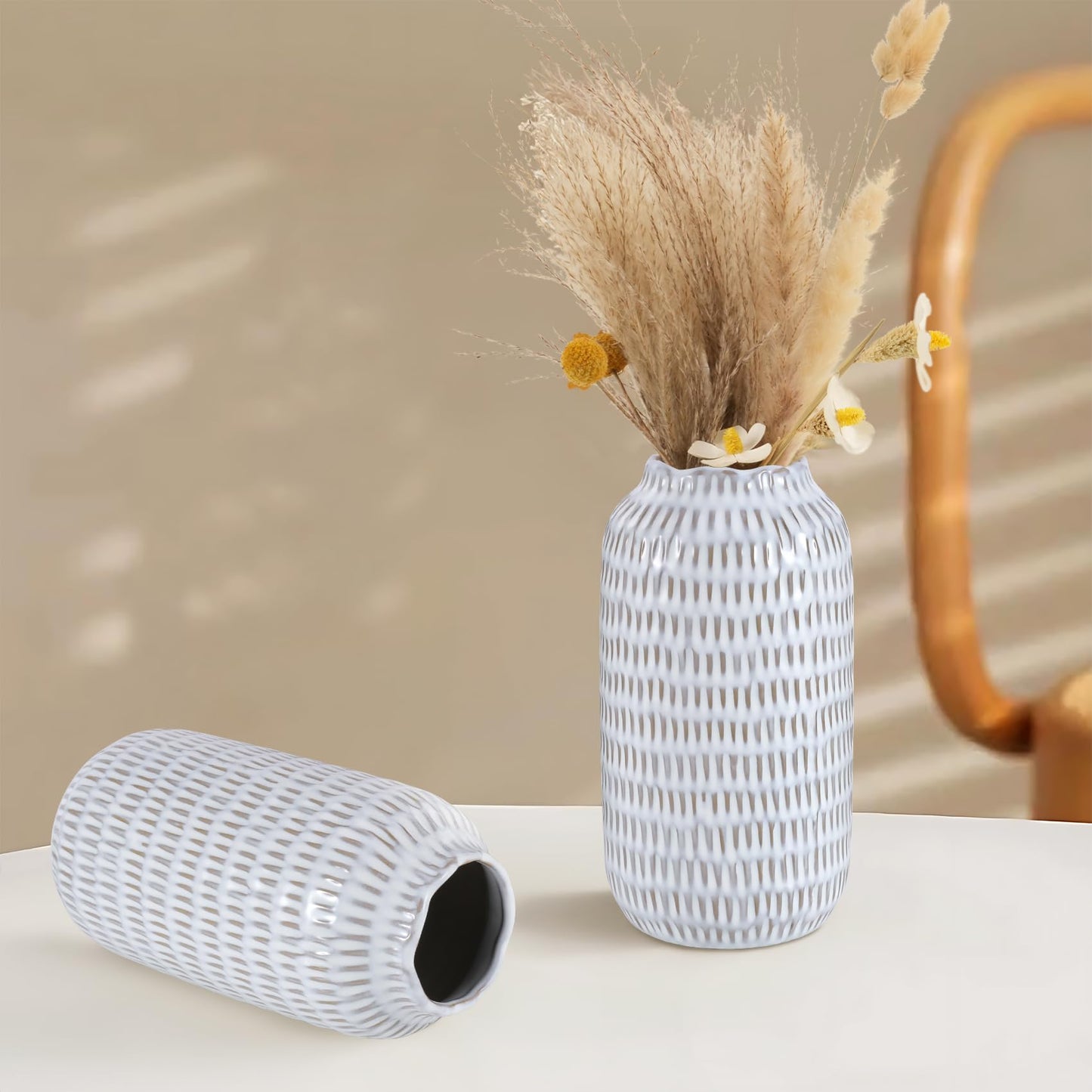 Ceramic Vase for Flowers – Modern Small Ribbed Textured Flower Vase for Home Decor, Pampas Grass, Decorative, Farmhouse, Coffee Table, Kitchen Centerpieces, Bookshelf and Home Living (White)