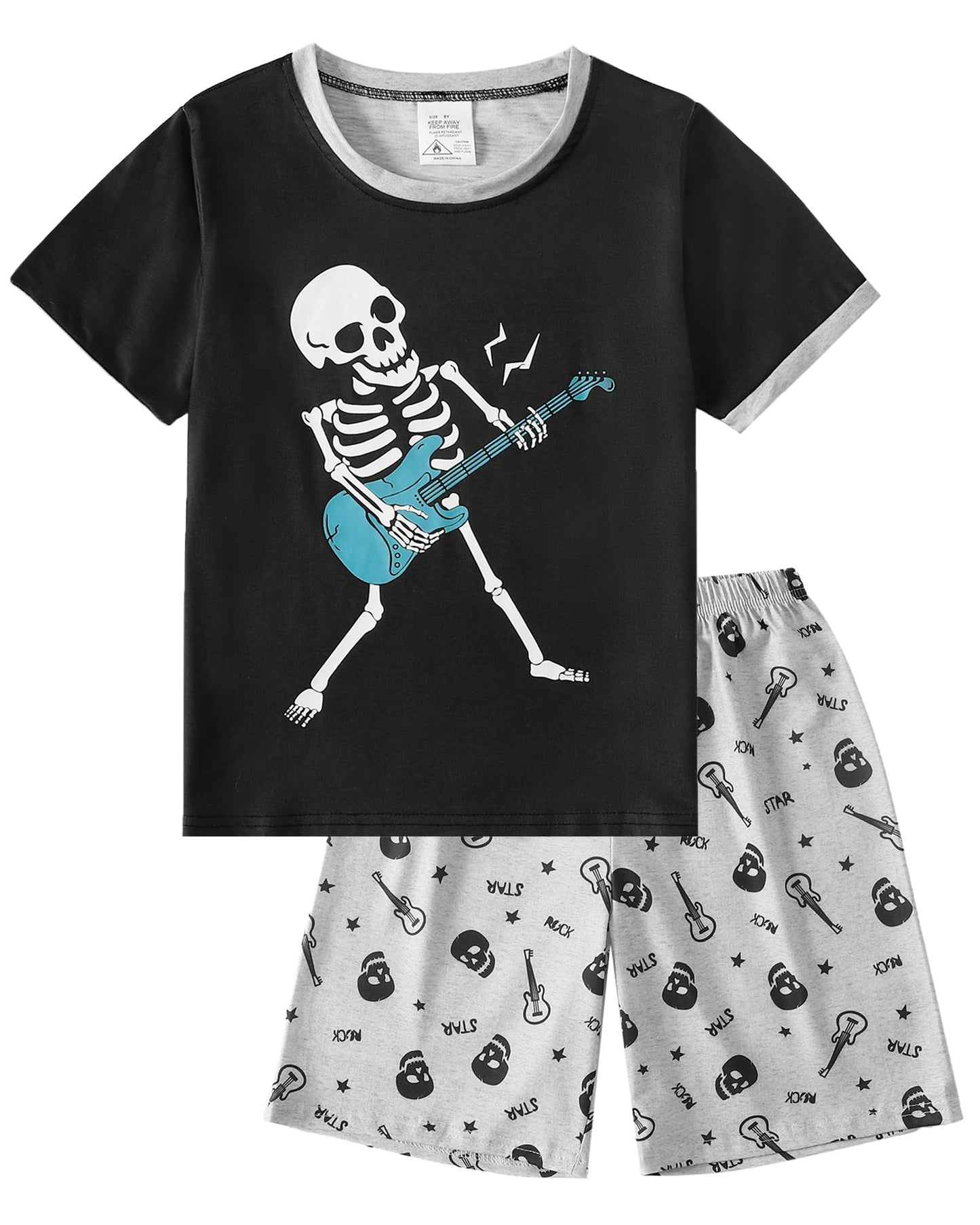 MyFav Big Boys Glow in Dark Skull Pjs Sleepwear Summer Pajama Shorts Sets, Skateboard, 14 Years