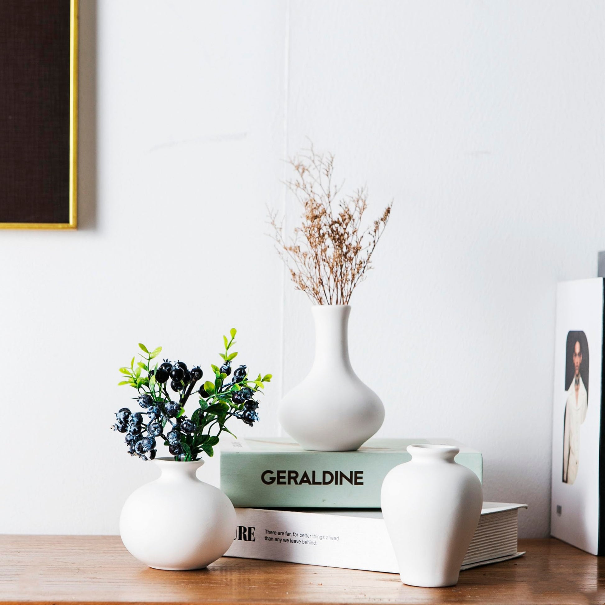 White vases with plants on a wooden surface against a white wall