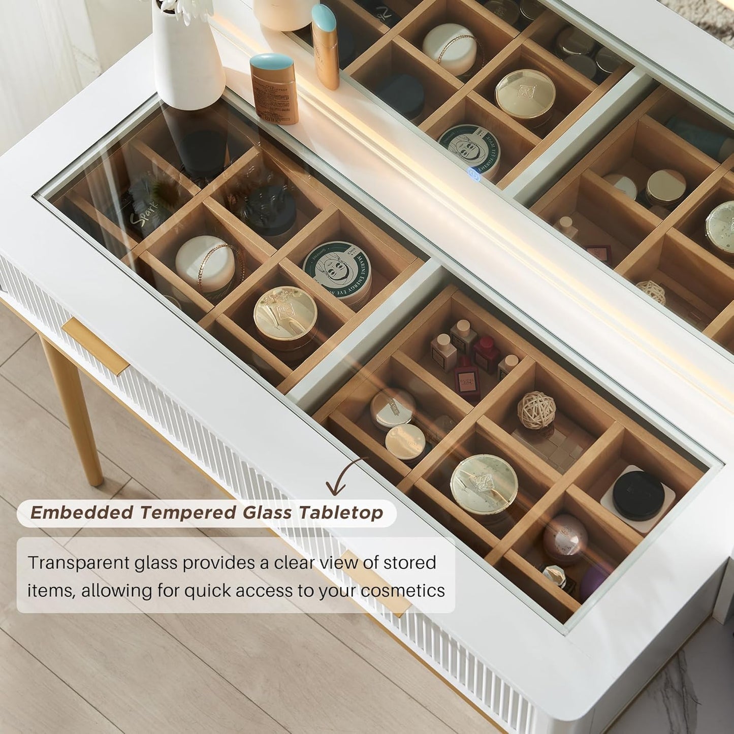 Cosmetic storage cabinet with embedded tempered glass top on a light wooden floor.