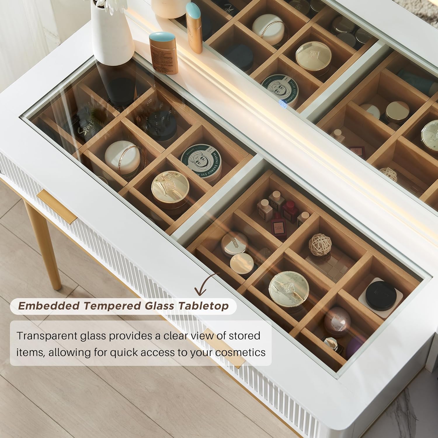 Cosmetic storage cabinet with embedded tempered glass top on a light wooden floor.