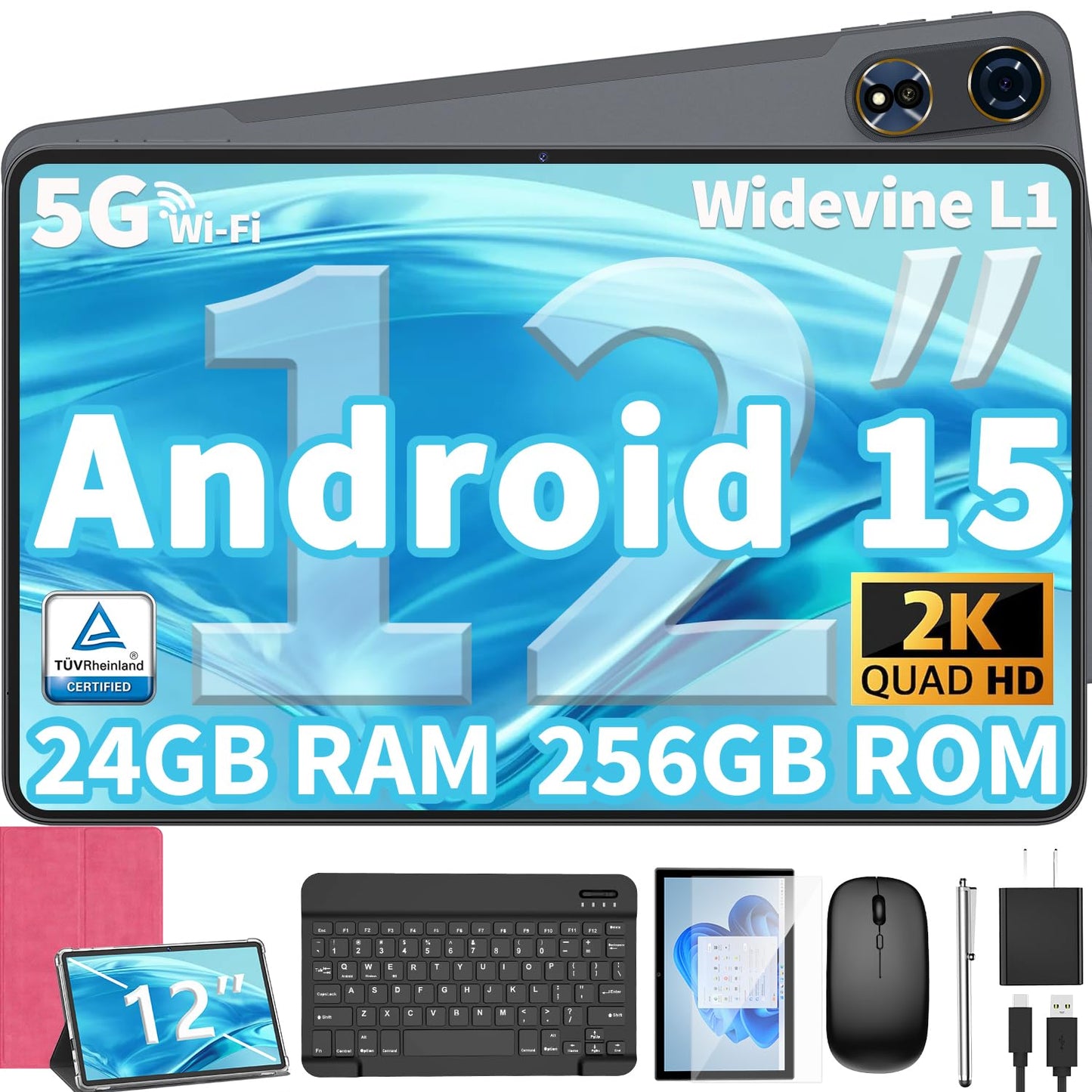 12 Inch Tablet Android 15 Tablets, 2025 Upgraded Android Tablet with Keyboard, 24GB RAM+256GB ROM(1TB Expand).