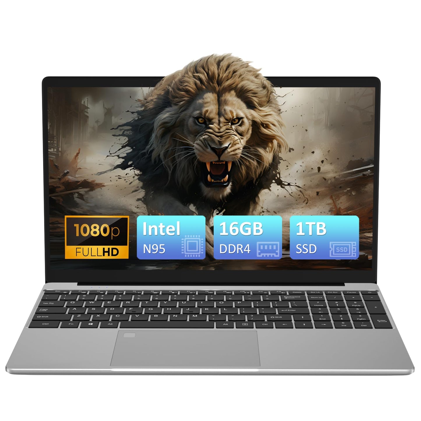Auusda 15.6" Laptop Computer, 16GB RAM, 1TB NVMe, 4C4T N95 Up to 3.4GHz, FHD Display, Backlit Keyboard, Fingerprint Reader, Big 8000mAh Battery, Win11 Pro, Upgradable to 10TB Storage, Silver, T152A