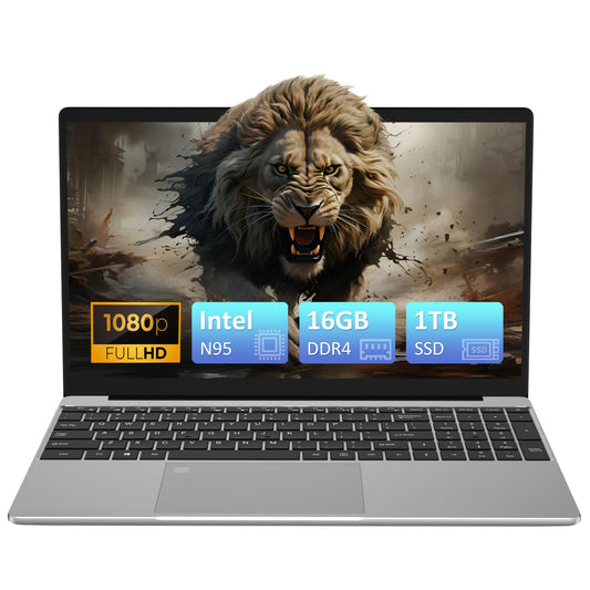 Auusda 15.6" Laptop Computer, 16GB RAM, 1TB NVMe, 4C4T N95 Up to 3.4GHz, FHD Display, Backlit Keyboard, Fingerprint Reader, Big 8000mAh Battery, Win11 Pro, Upgradable to 10TB Storage, Silver, T152A