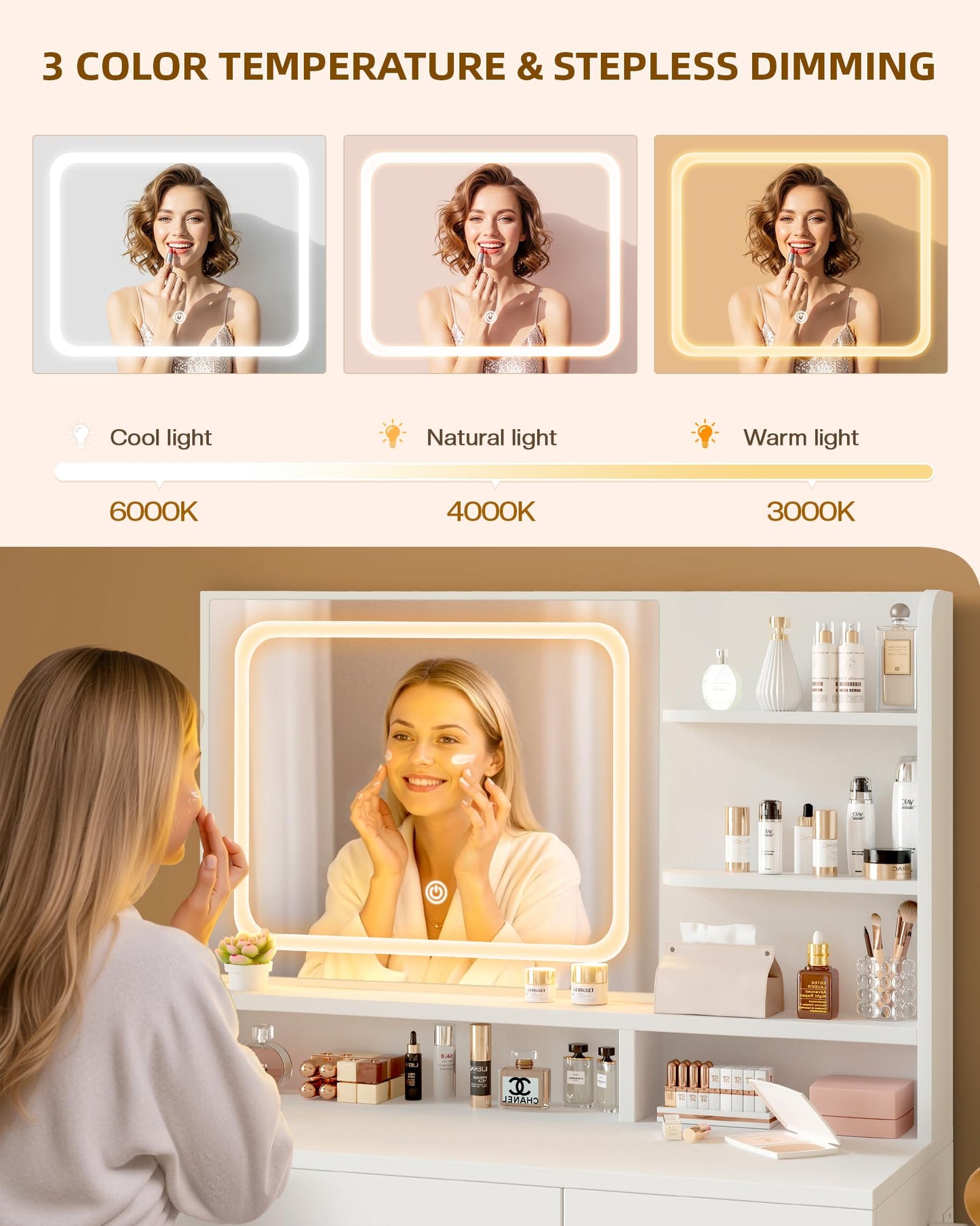 Woman using a vanity mirror with lighting options for makeup application.
