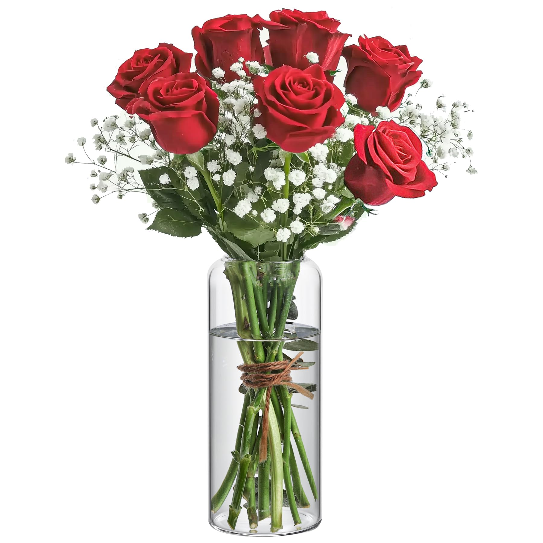 Bouquet of red roses with baby's breath in a clear vase on a white background