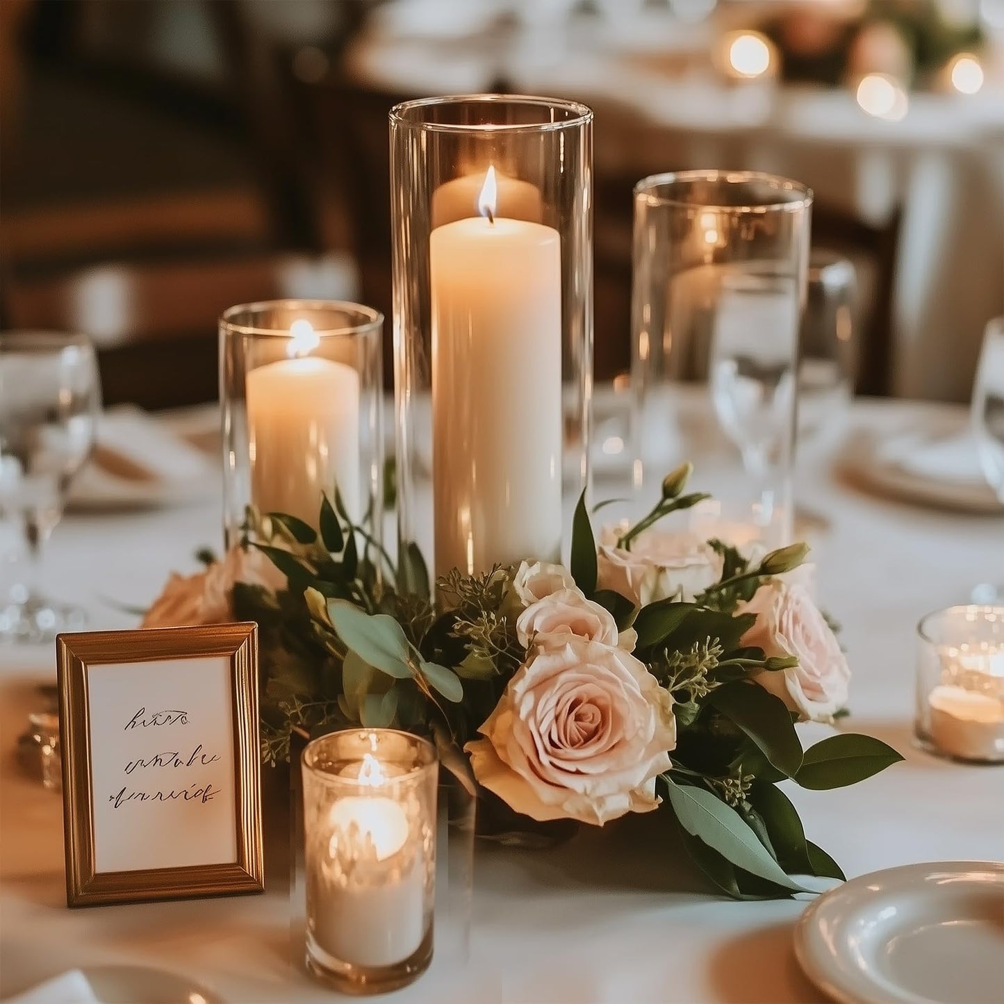 Decorative table setting with candles and flowers on a table.