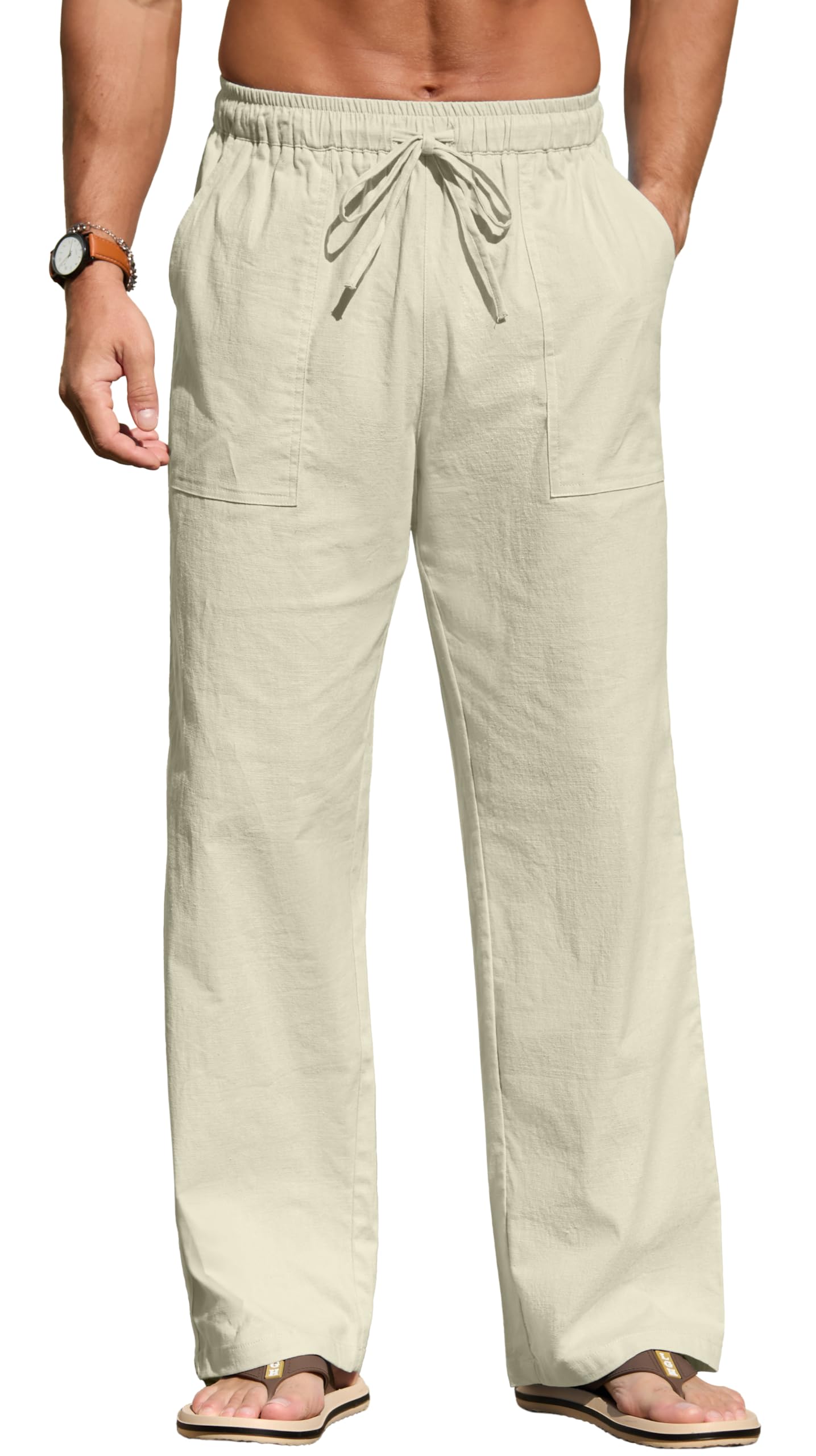 Sailwind Men's Casual Linen Pants Beach Summer Elastic Waist Drawstring Pants Lightweight Linen Trousers White