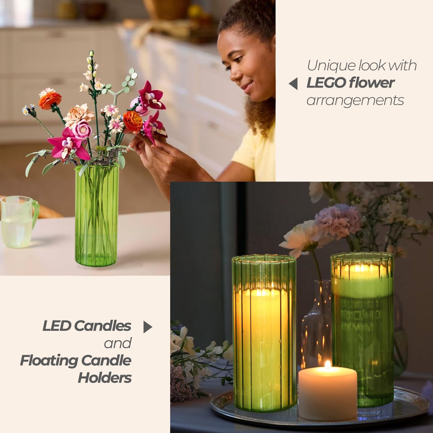 Decorative arrangement with red berries, green leaves, and a vase on a surface.