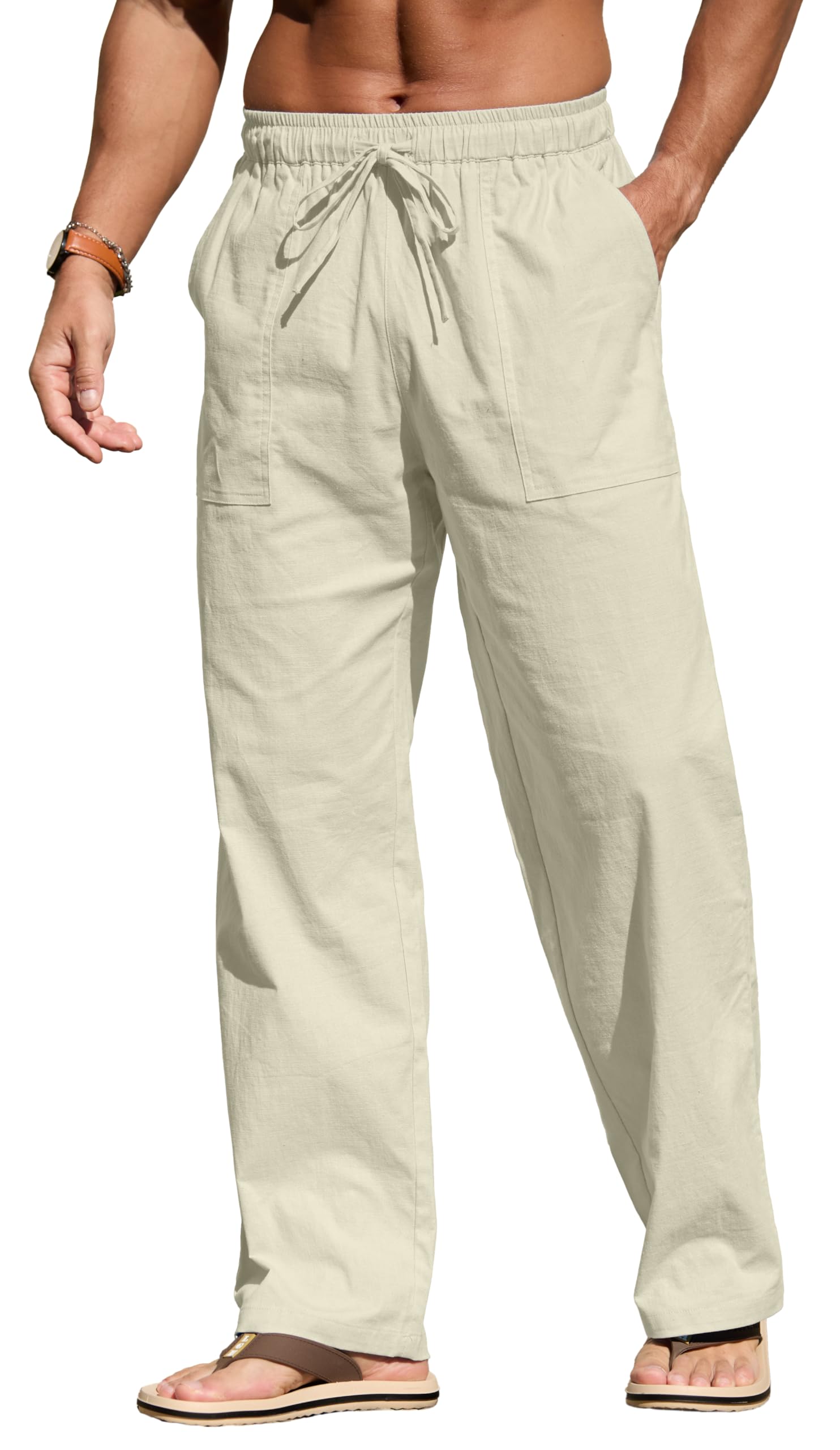 Sailwind Men's Casual Linen Pants Beach Summer Elastic Waist Drawstring Pants Lightweight Linen Trousers White