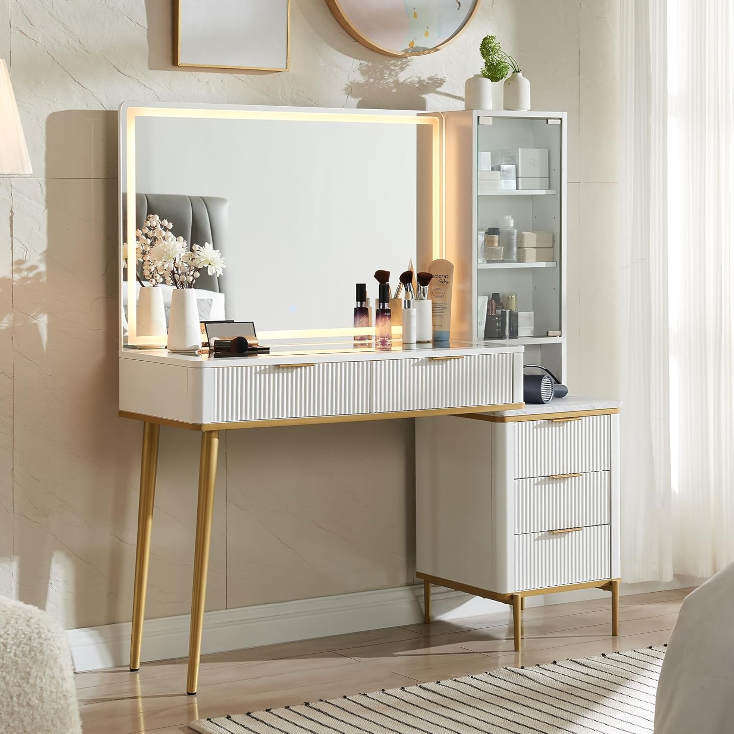 Dressing table with mirror and cosmetic items in a well-lit room