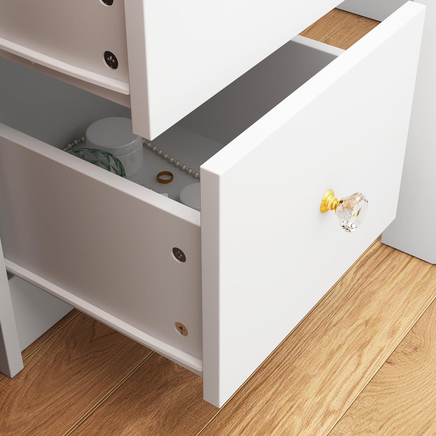 White storage unit with open doors on a wooden floor