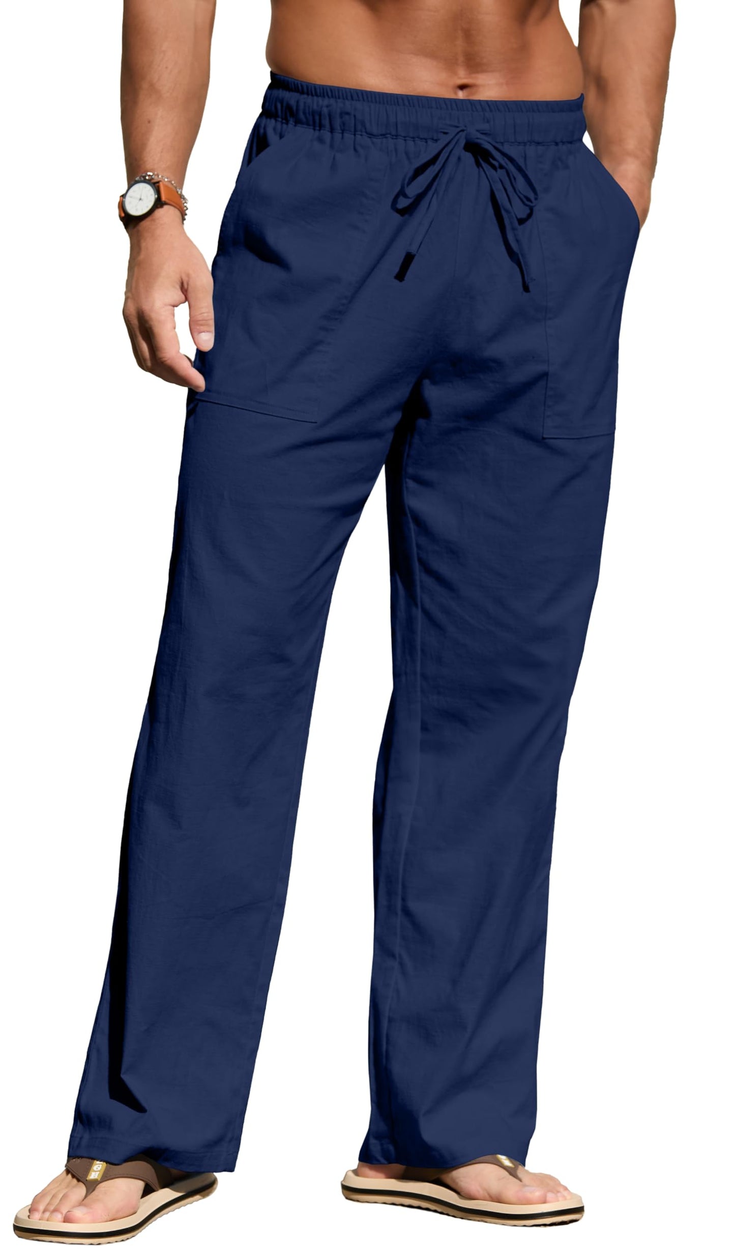 Sailwind Men's Casual Linen Pants Beach Summer Elastic Waist Drawstring Pants Lightweight Linen Trousers White