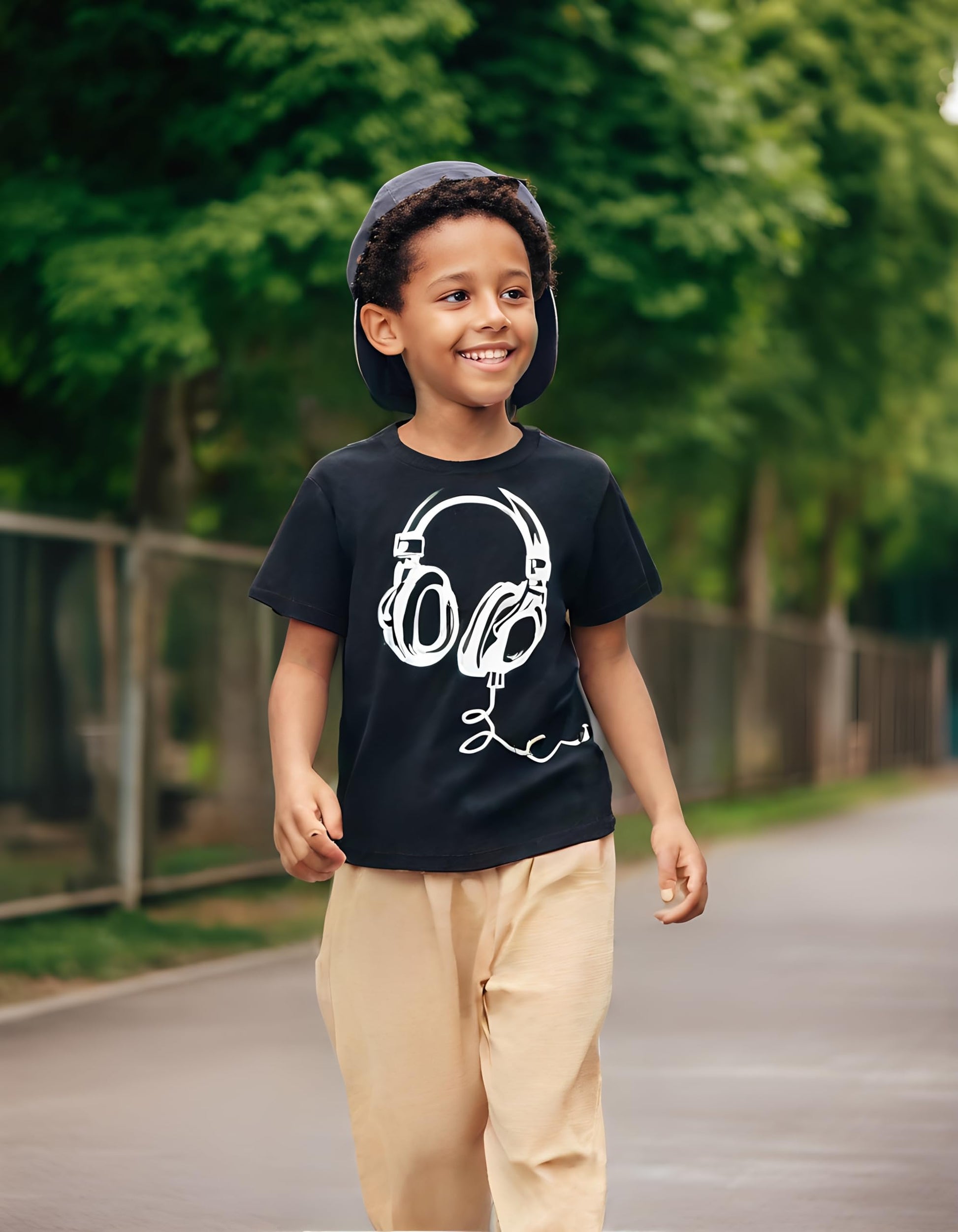 Child wearing a black t-shirt with headphones design, standing outdoors with greenery in the background.