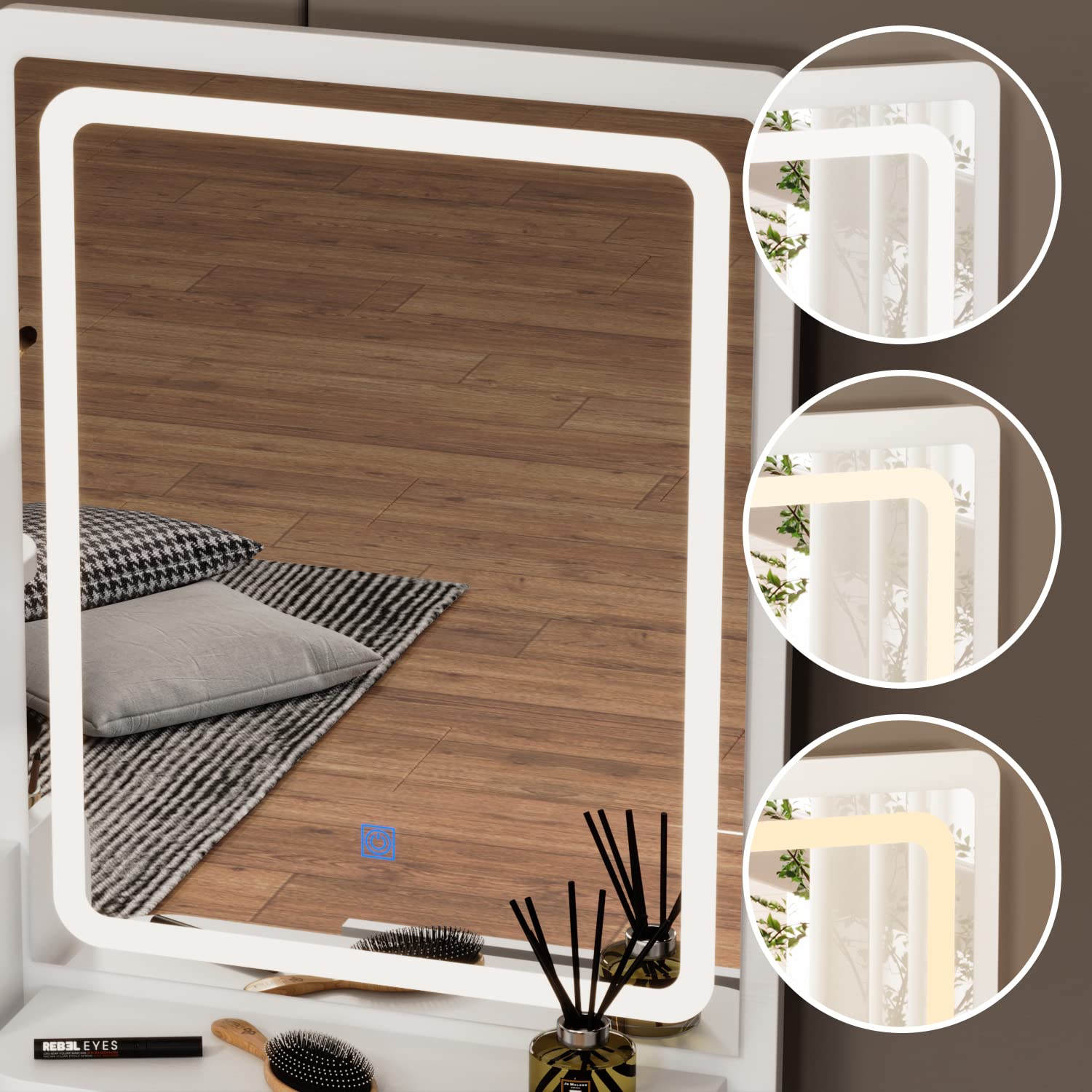Rectangular mirror with white frame on a wooden floor, surrounded by close-up insets of light sources.