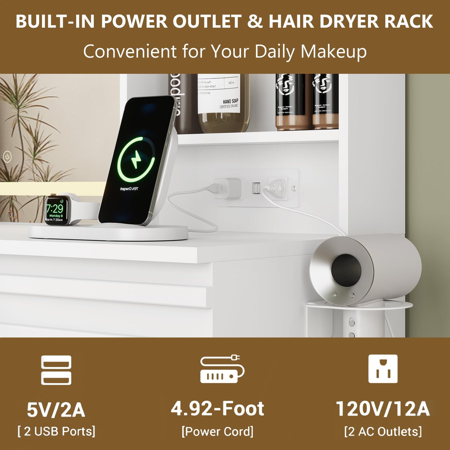 Makeup station with power outlet, hair dryer rack, and charging device on a white shelf.