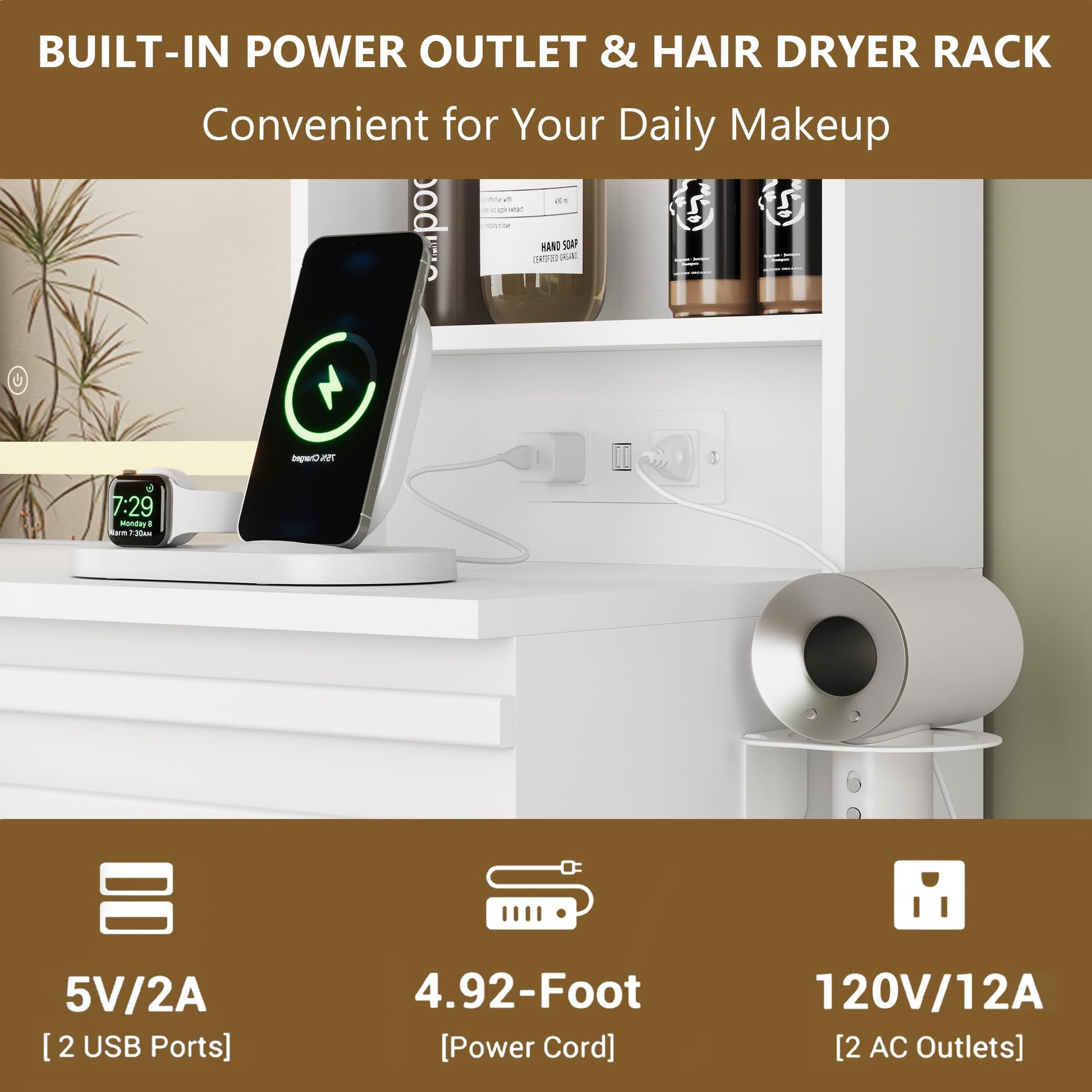Makeup station with power outlet, hair dryer rack, and charging device on a white shelf.