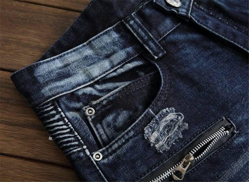 AITITIA Men's Biker Zipper Deco Washed Straight Fit Jeans (40, 002 Light Blue)