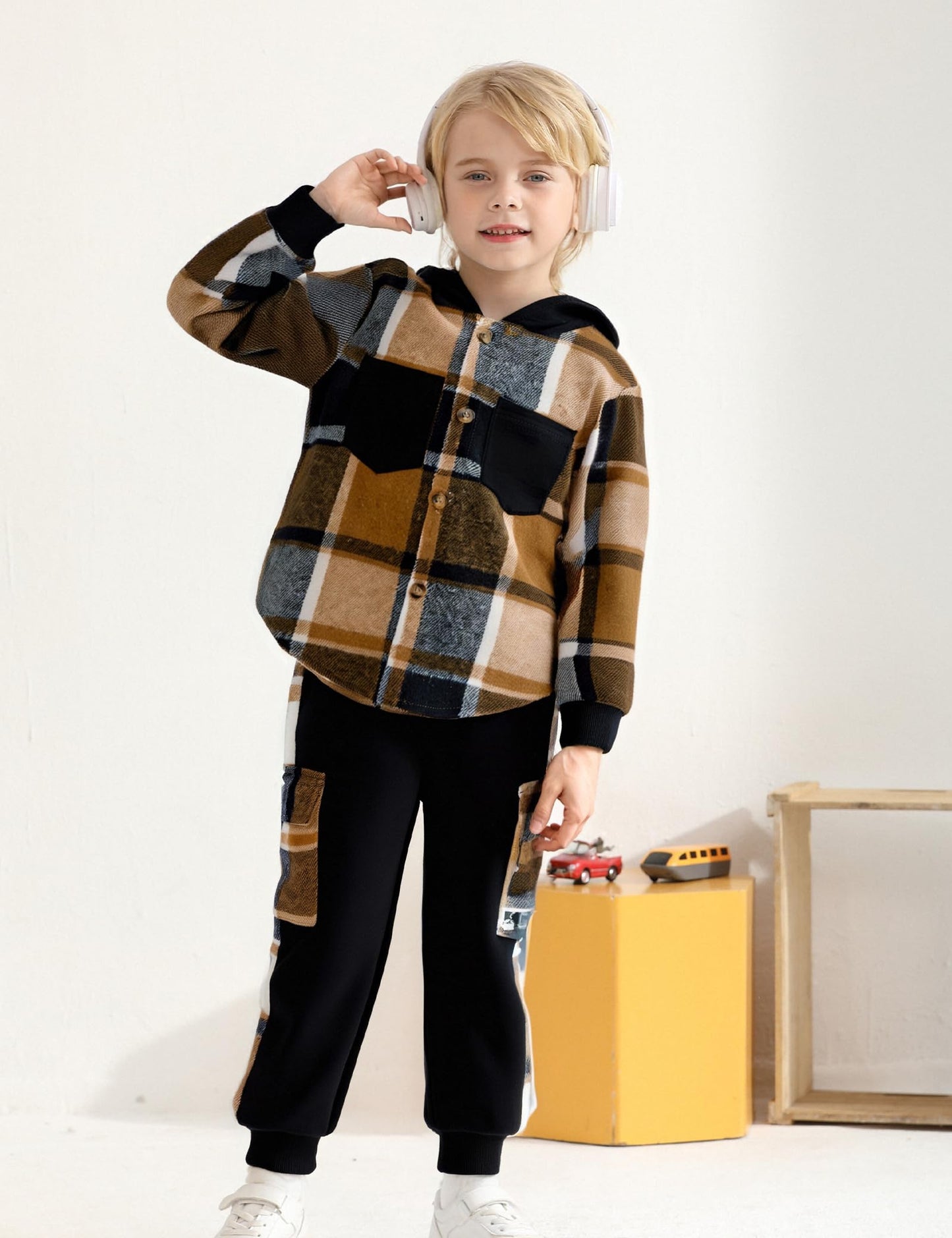 Auiopila Kids Toddler Boy Clothes Plaid Hooded Shirt White T-shirt Top and Solid Color Pants 3Pcs Winter Boys Outfits