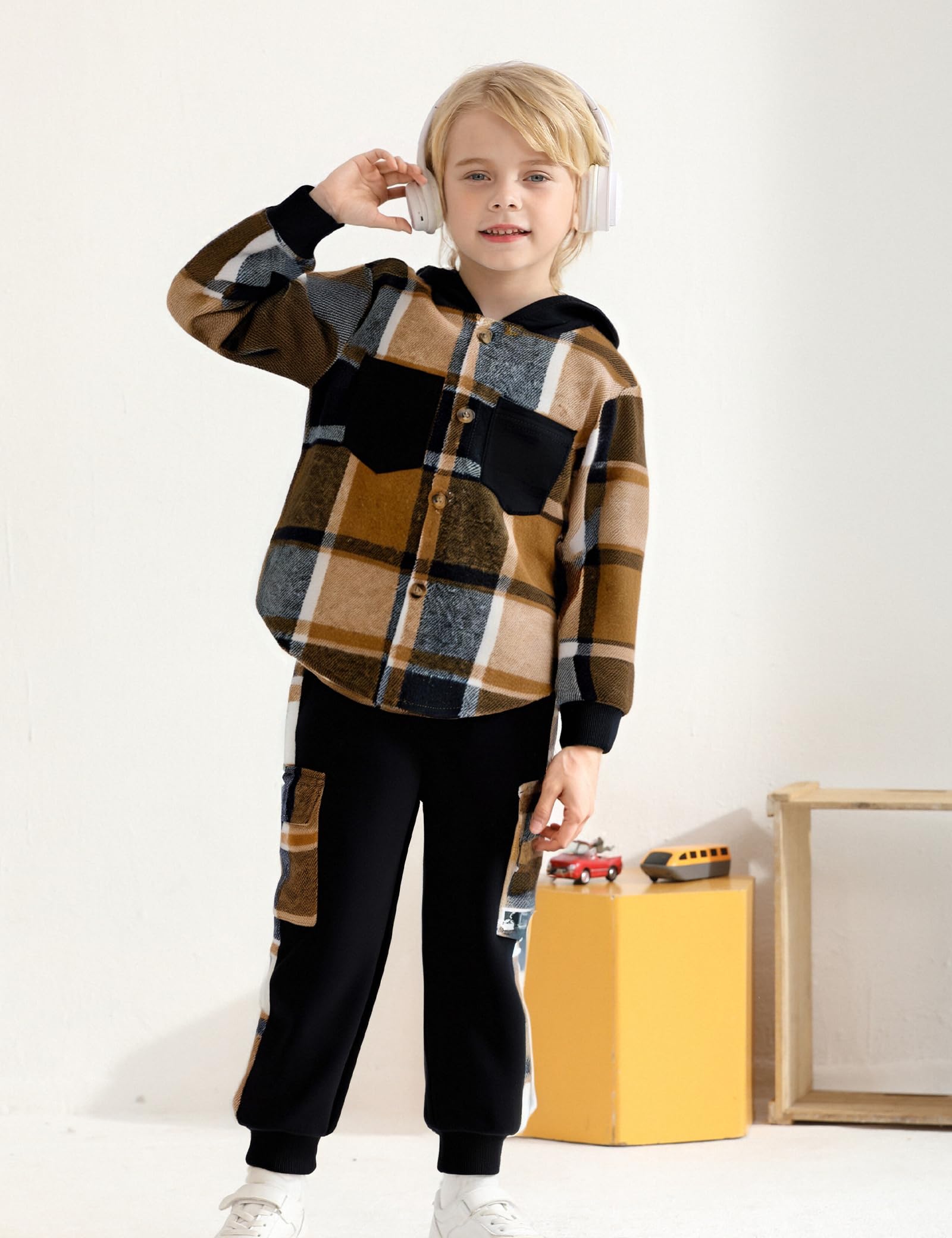 Auiopila Kids Toddler Boy Clothes Plaid Hooded Shirt White T-shirt Top and Solid Color Pants 3Pcs Winter Boys Outfits