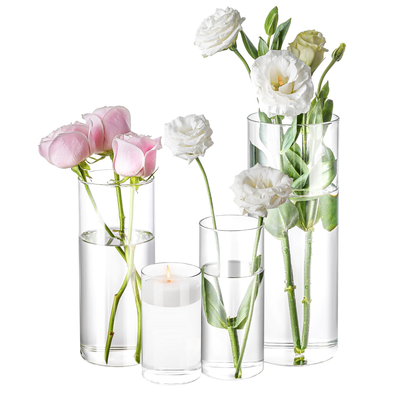 Clear glass vases with pink and white flowers on a white background