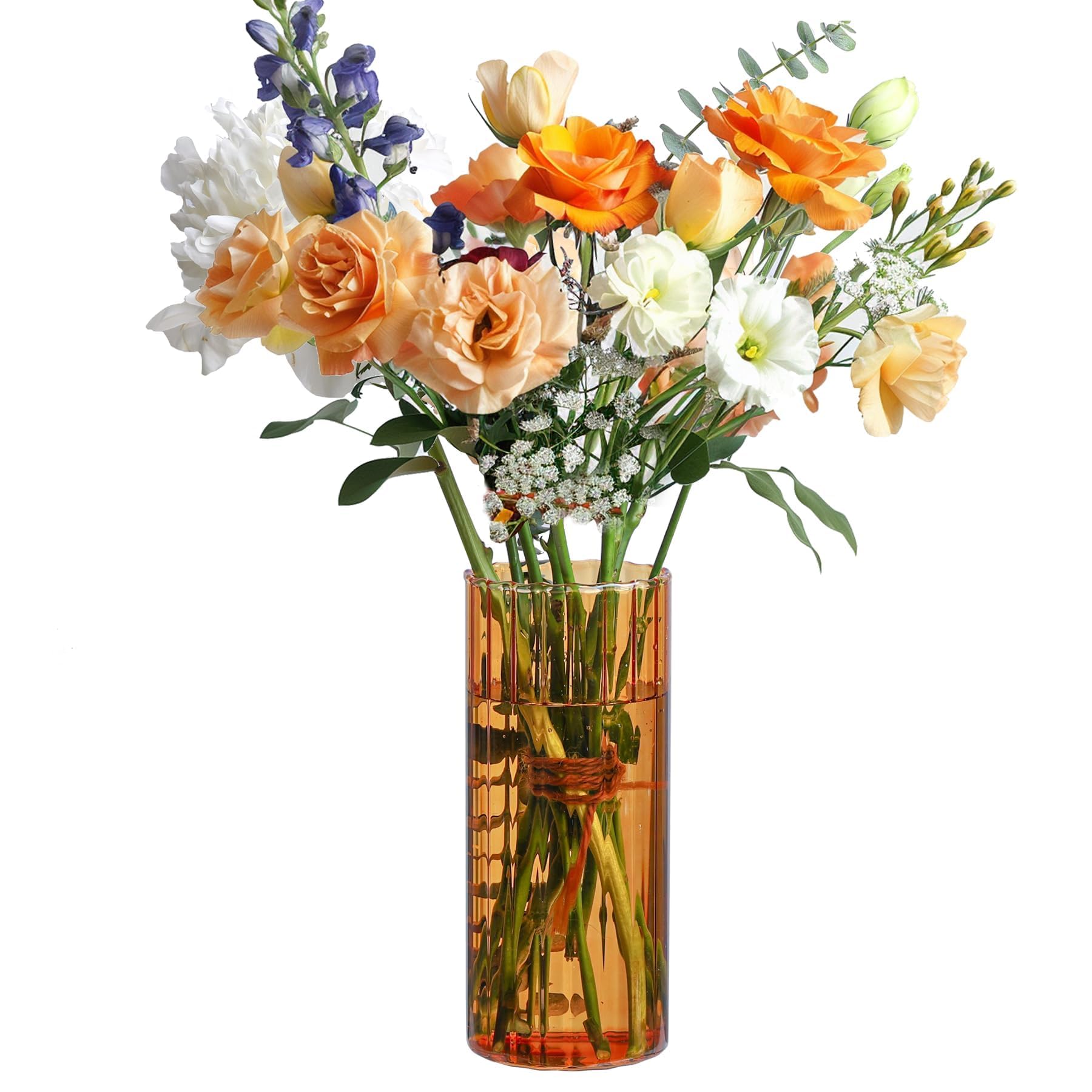 Vase with colorful flowers on a white background