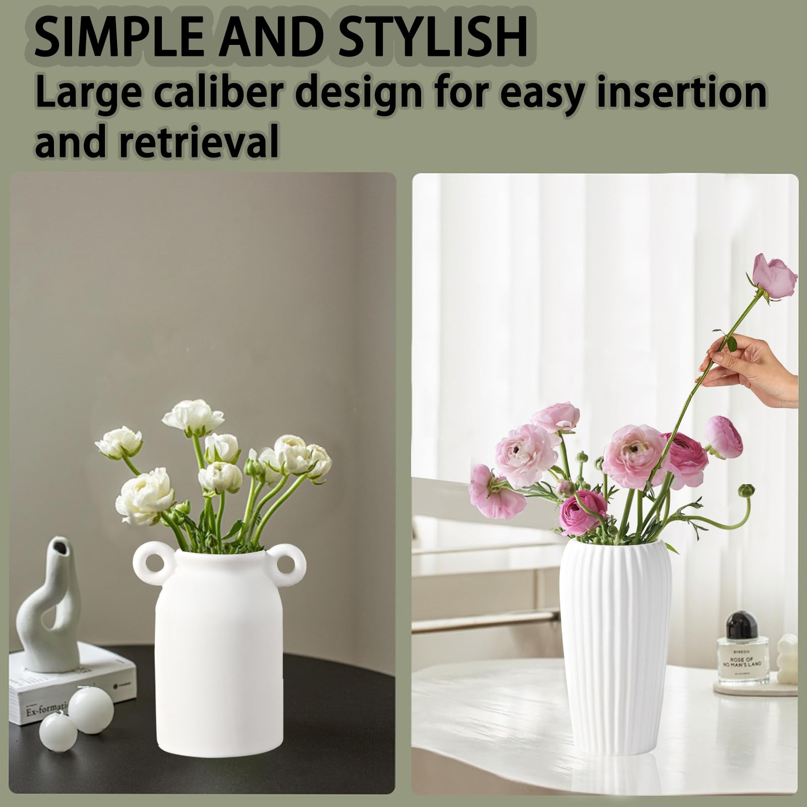 White vase with flowers on a table and another vase with pink flowers in a room setting.