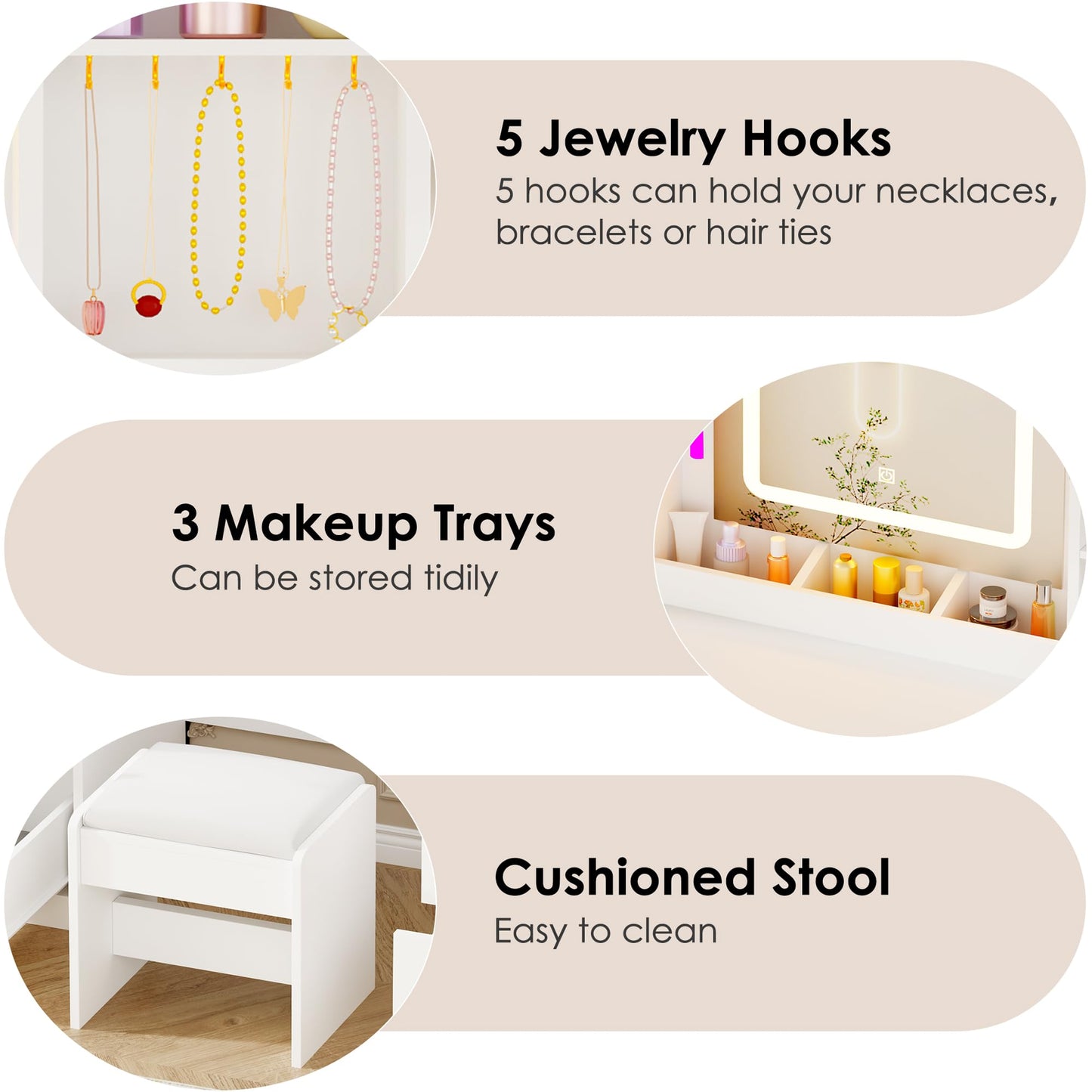 ANWBROAD Makeup Vanity Desk with Mirror and Lights 3 Colors Large Vanity Table with 7 Drawers & RGB Lights White Makeup Table with Charging Station 6 Storage Shelves Stool for Bedroom Women UBDT96W