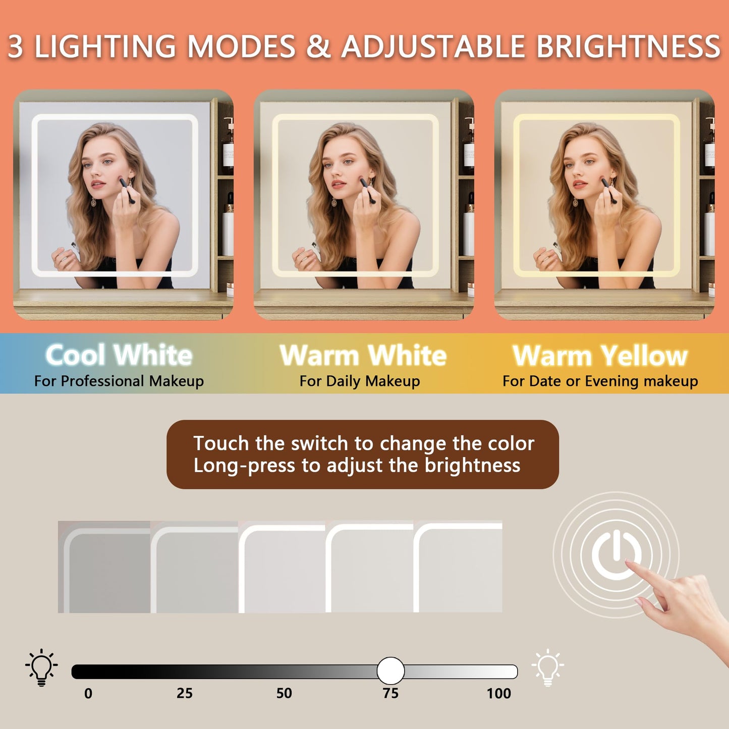 Makeup mirror with three lighting modes and adjustable brightness on an orange background
