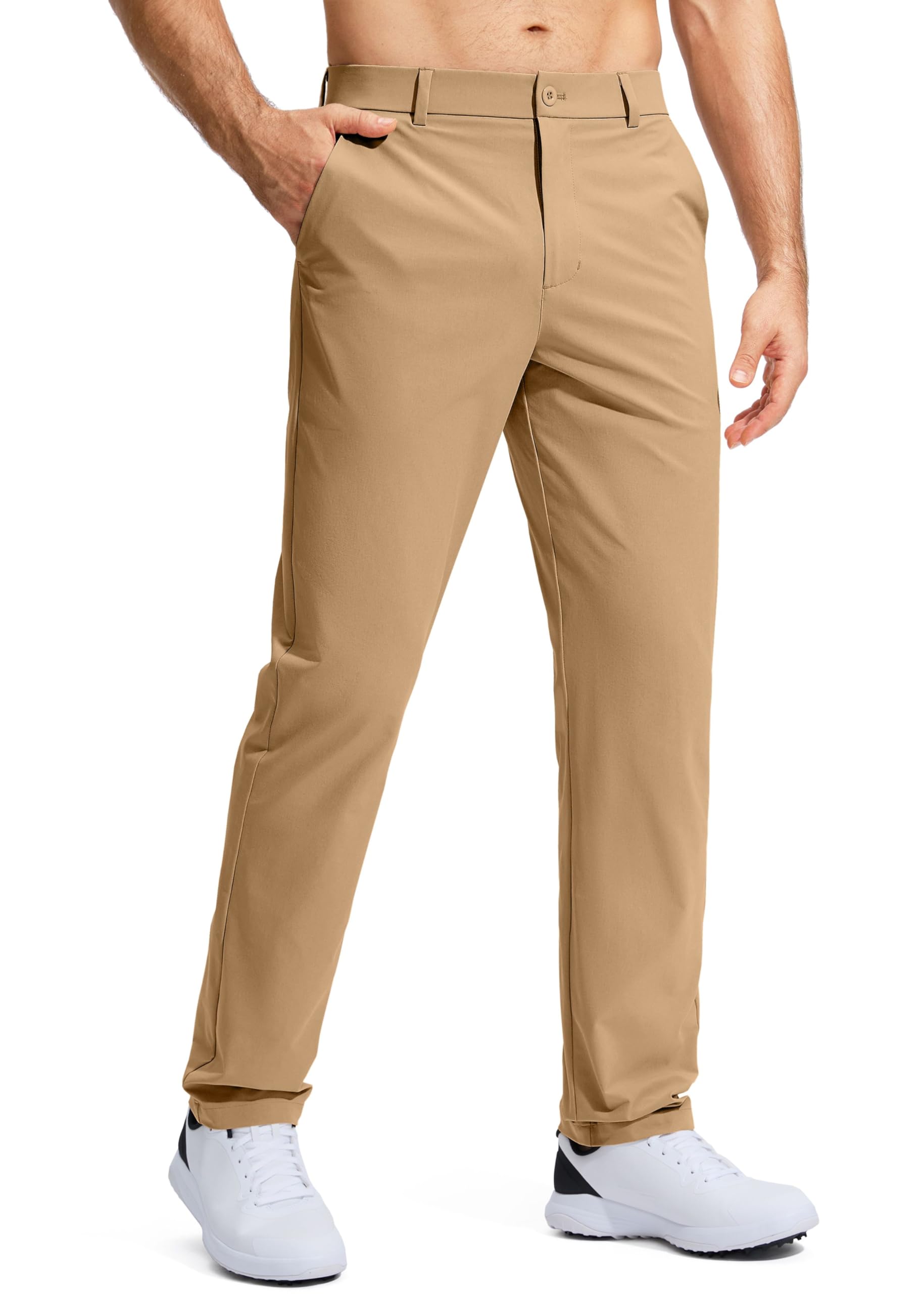 Pudolla Men's Golf Pants Stretch Classic Fit Work Dress Pants 30 Lightweight Quick Dry Casual Slacks Trousers with Pockets(Khaki 34Wx30L)