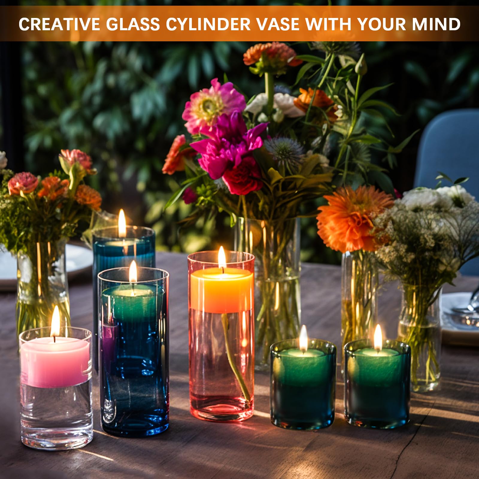Colorful candles and glass cylinders with flowers on a wooden surface